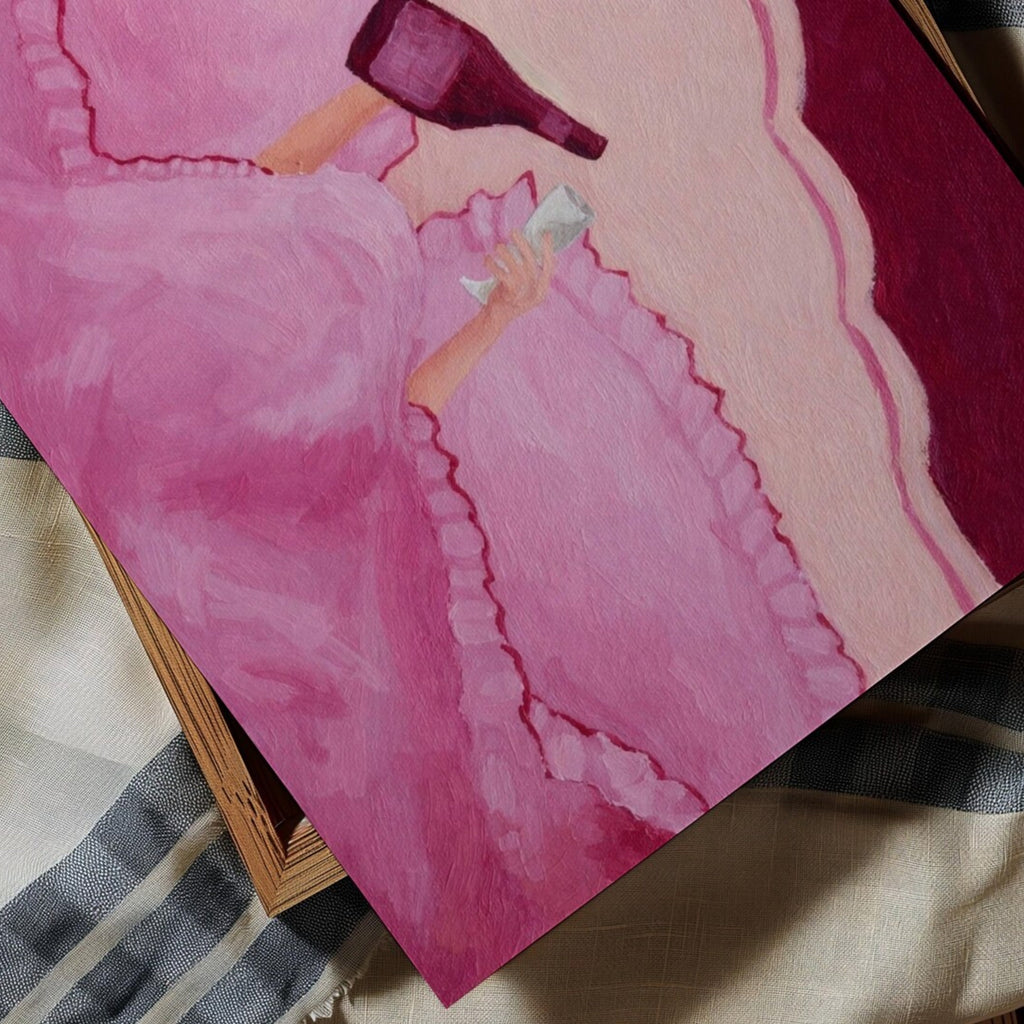 Not tonight, society is a hand painted wall art print featuring hands holding wine beneath layered bedding, in pink and ruby burgundy tones, inspired by slow mornings and nostalgic interiors, symbolizing quiet luxury and unhurried mornings. Horizontal funny feminine girly above bed oil painting wall art print . sunday morning aesthetic intimate wall art