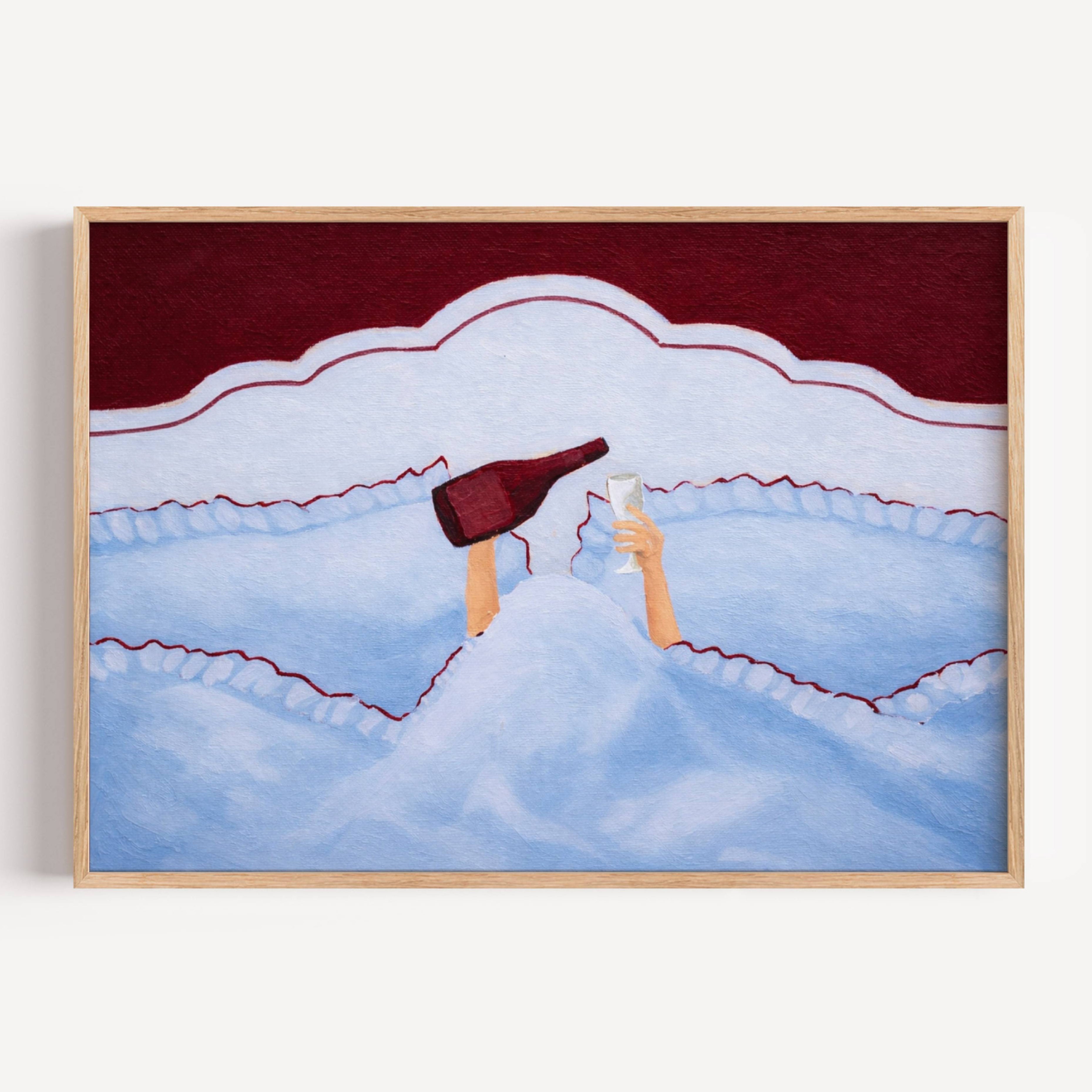 Not tonight, society is a hand painted wall art print featuring hands holding wine beneath layered bedding, in blue and ruby burgundy tones, inspired by slow mornings and nostalgic interiors, symbolizing quiet luxury and unhurried mornings. Horizontal funny feminine girly above bed oil painting wall art print . sunday morning aesthetic intimate wall art