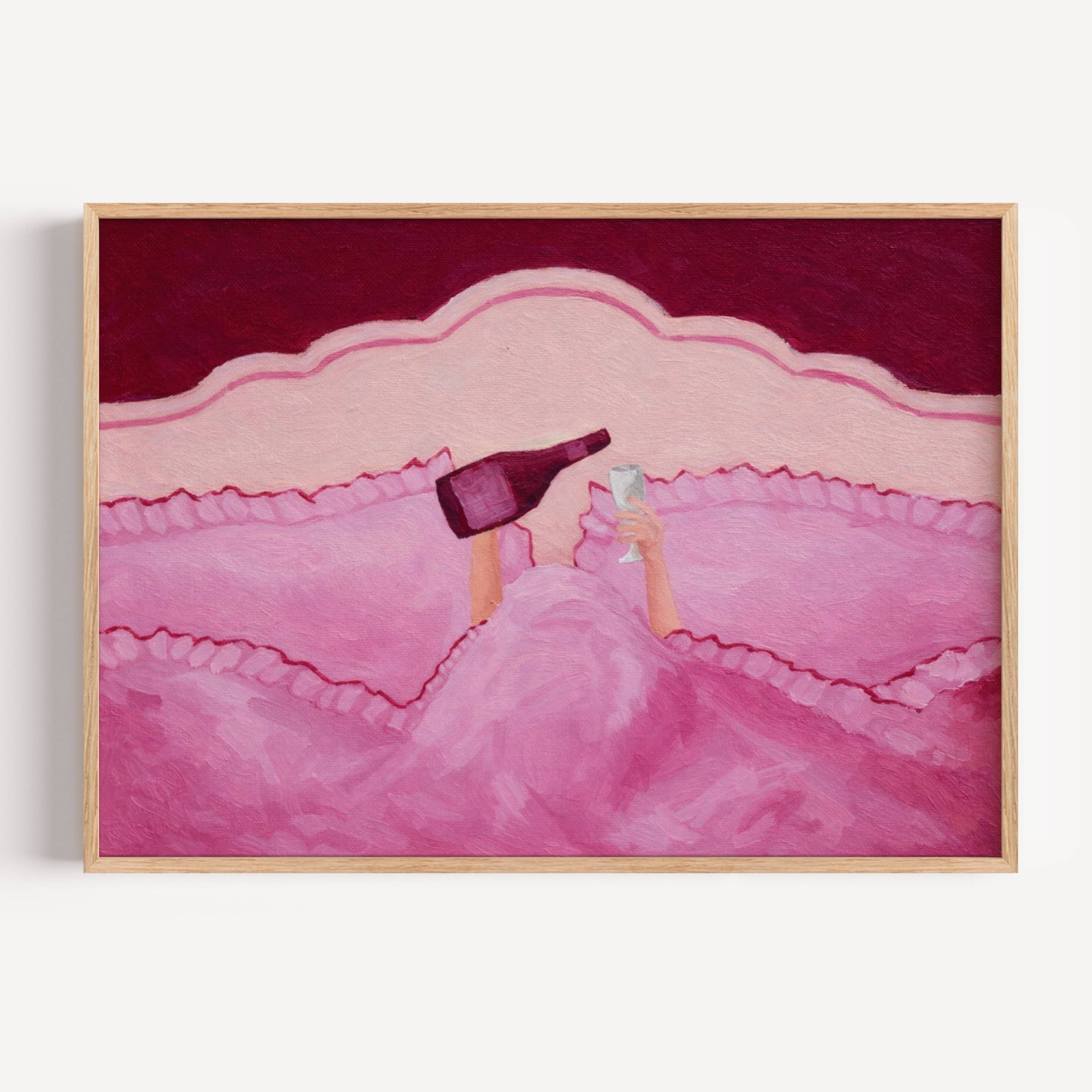 Not tonight, society is a hand painted wall art print featuring hands holding wine beneath layered bedding, in pink and ruby burgundy tones, inspired by slow mornings and nostalgic interiors, symbolizing quiet luxury and unhurried mornings. Horizontal funny feminine girly above bed oil painting wall art print . sunday morning aesthetic intimate wall art