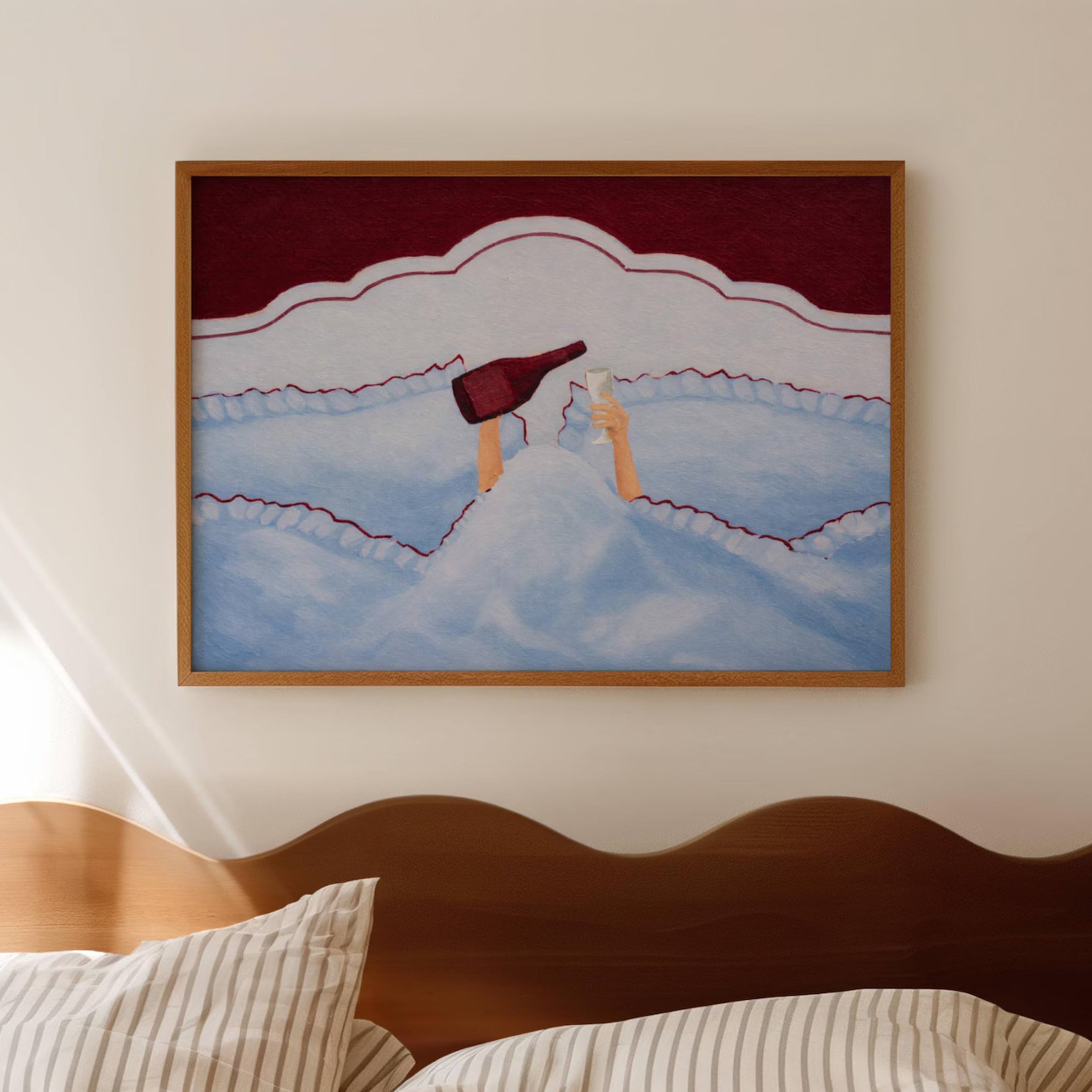 Not tonight, society is a hand painted wall art print featuring hands holding wine beneath layered bedding, in blue and ruby burgundy tones, inspired by slow mornings and nostalgic interiors, symbolizing quiet luxury and unhurried mornings. Horizontal funny feminine girly above bed oil painting wall art print . sunday morning aesthetic intimate wall art