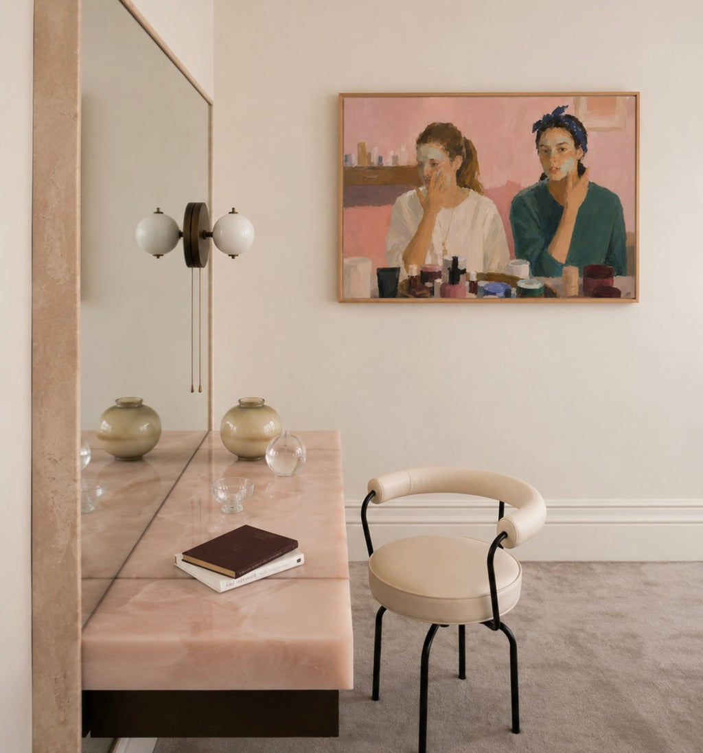 friendship maintenance is a hand painted retro nostalgic contemporary figurative wall art print of two girls applying face masks and doing their skincare, inspired by contemporary figurative painting, the value of friendship, cinematic images, the melancholy beauty of old films, bringing storytelling, atmosphere and . large textured canva oil painting wall art print