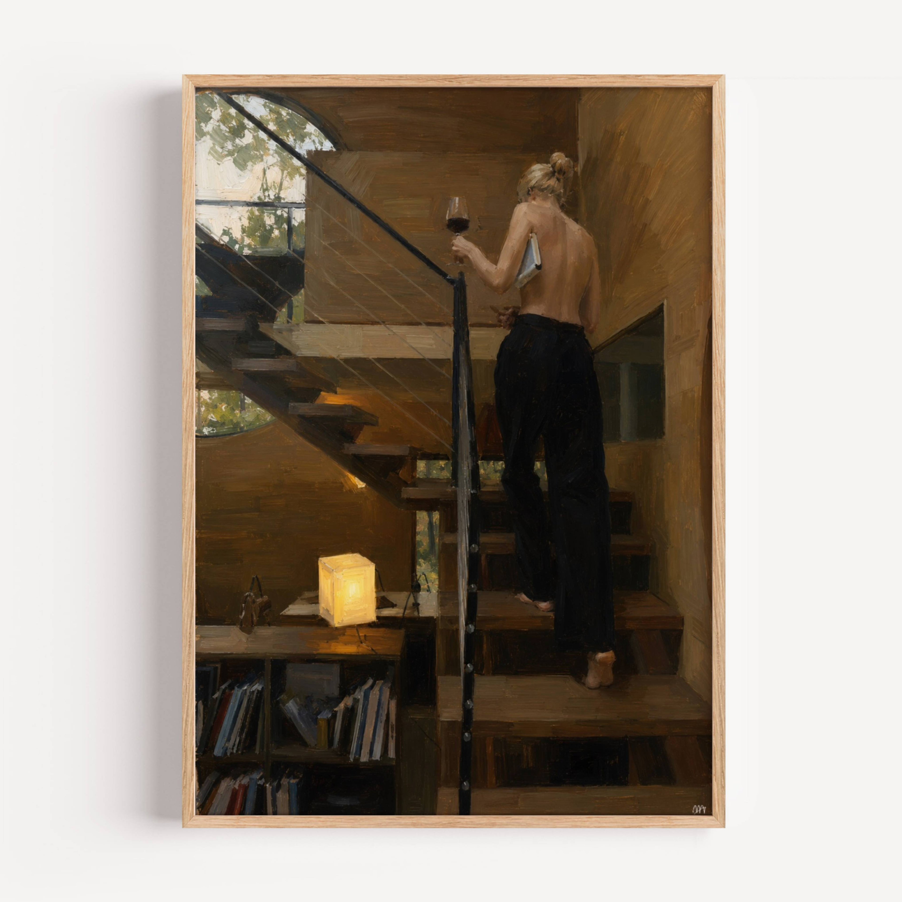 one more for the road is a hand painted contemporary figurative wall art print of a woman holding a glass of wine while walking up the stairs, inspired by contemporary figurative painting, cinematic images, bringing storytelling, atmosphere and sophistication. vertical large textured canva oil painting wall art print