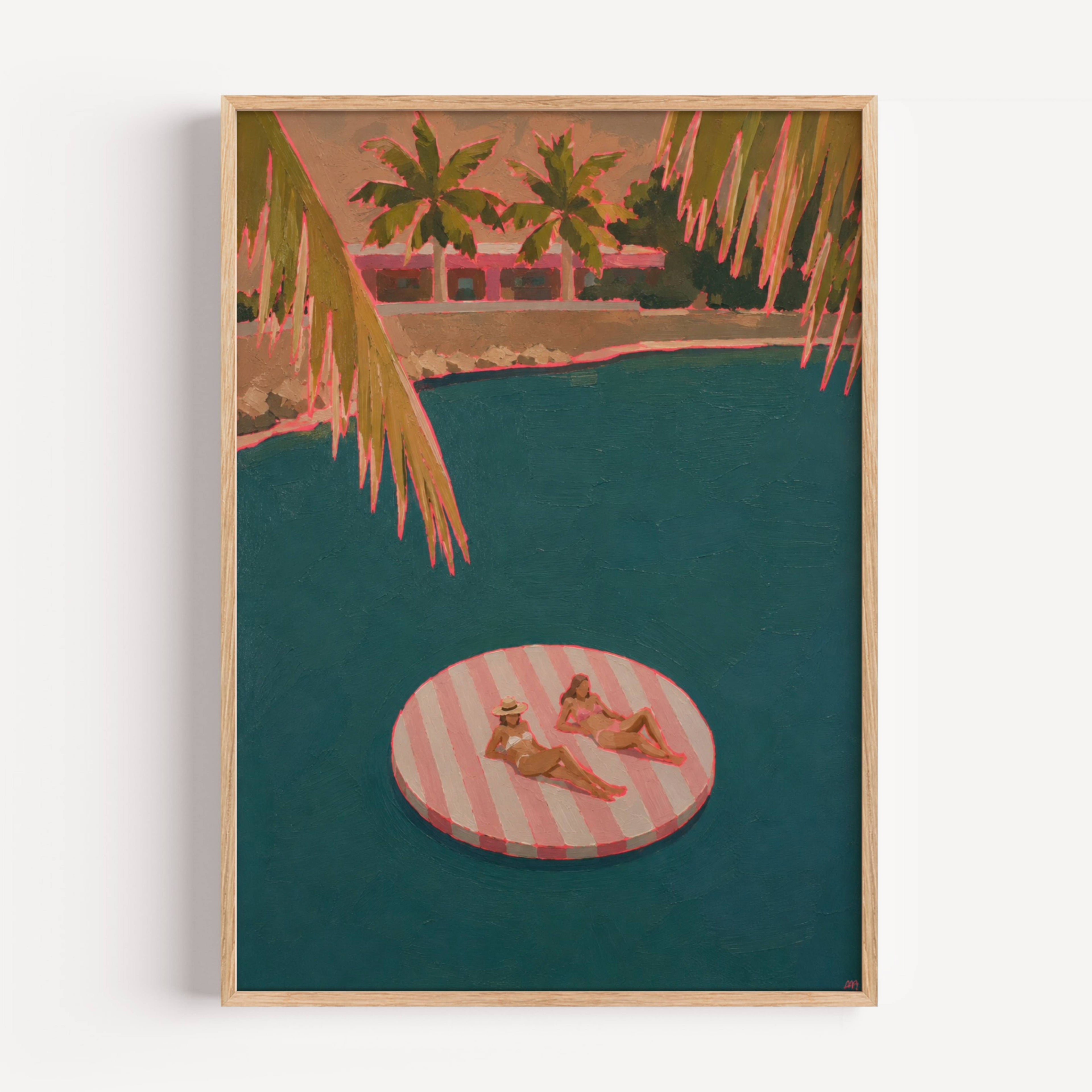 Pink Float Club captures the effortless rhythm of resort life, where the water is still, the sun is warm and time slows to the pace of a floating afternoon. Two figures lounge on a striped platform surrounded by deep turquoise water, framed by swaying palms and the quiet elegance of tropical architecture at La concha club in Slim Aarons aesthetic wall art with vivid pink contour lines add a playful contemporary edge while the serene composition evokes the feeling of escaping to an exclusive island retreat.