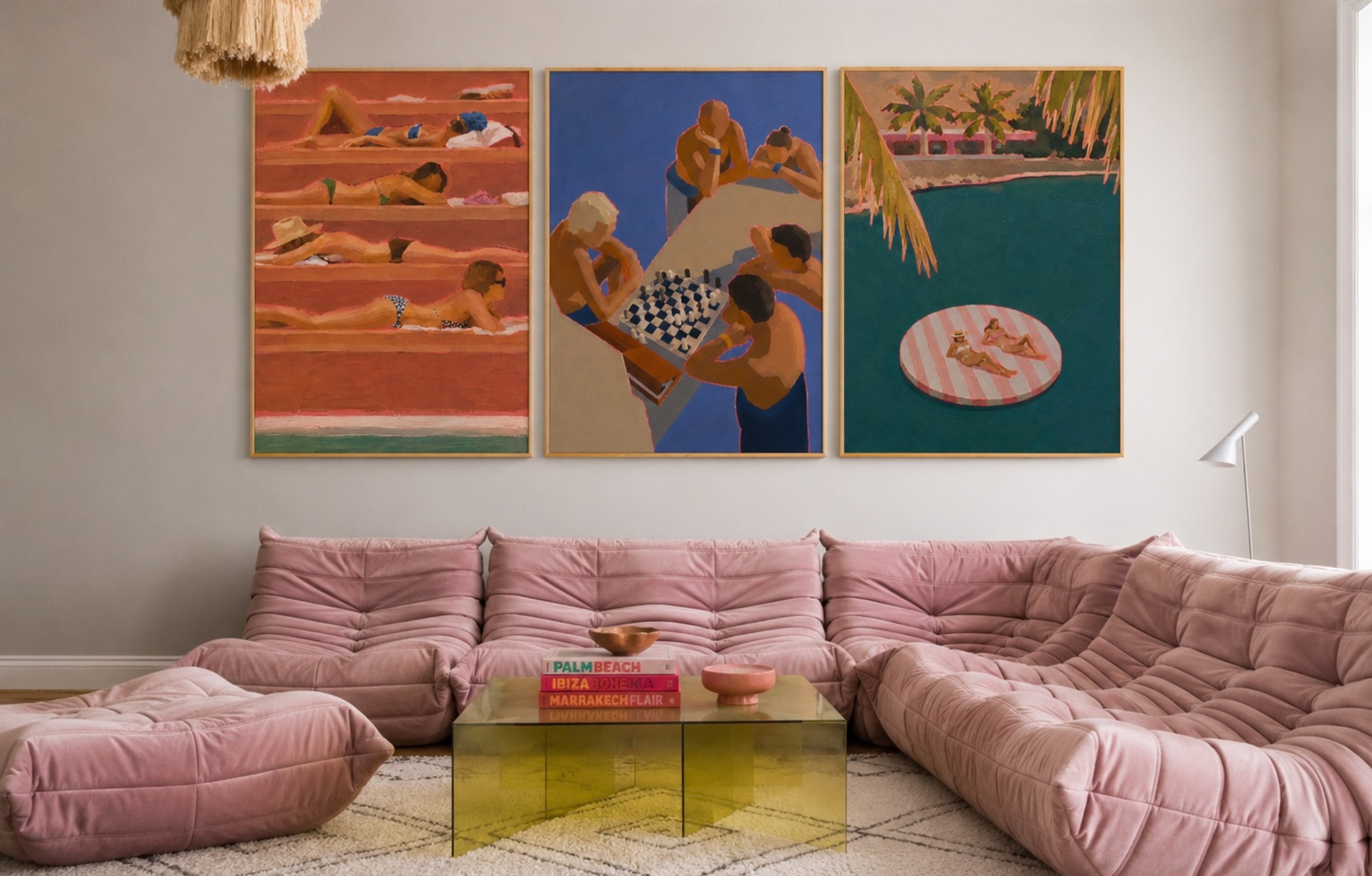 Pink Float Club captures the effortless rhythm of resort life, where the water is still, the sun is warm and time slows to the pace of a floating afternoon. Two figures lounge on a striped platform surrounded by deep turquoise water, framed by swaying palms and the quiet elegance of tropical architecture at La concha club in Slim Aarons aesthetic wall art with vivid pink contour lines add a playful contemporary edge while the serene composition evokes the feeling of escaping to an exclusive island retreat.