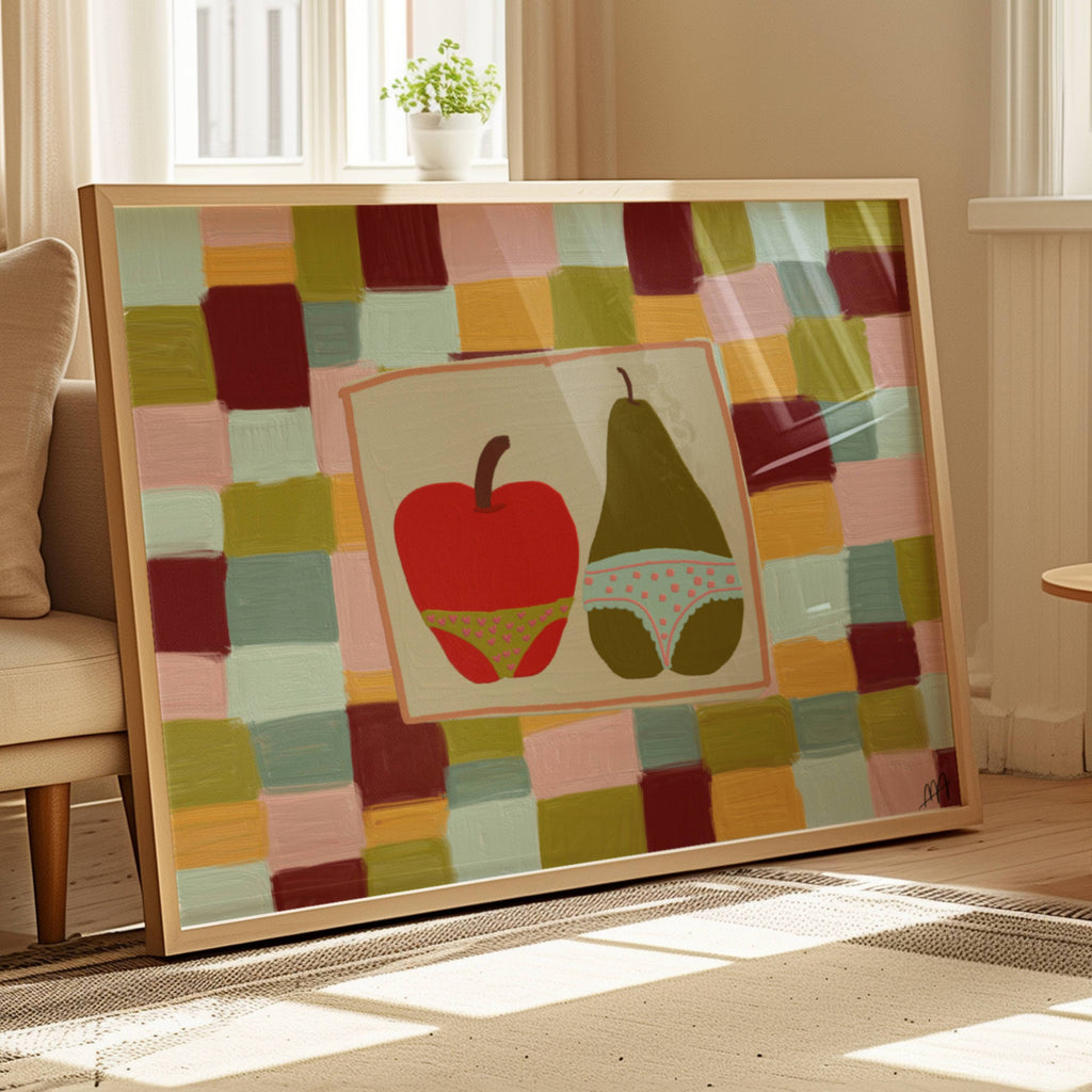 Playful Hand drawn Fruits Kitchen wall art with an illustrated apple and a pear wearing underwear on a colourful checkerboard background. This is a hand drawn Food Oil Painting kitchen and bar cart art Print decor for playful kitchens, dining spaces and eclectic interiors.