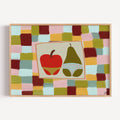 Playful Hand drawn Fruits Kitchen wall art with an illustrated apple and a pear wearing underwear on a colourful checkerboard background. This is a hand drawn Food Oil Painting kitchen and bar cart art Print decor for playful kitchens, dining spaces and eclectic interiors.