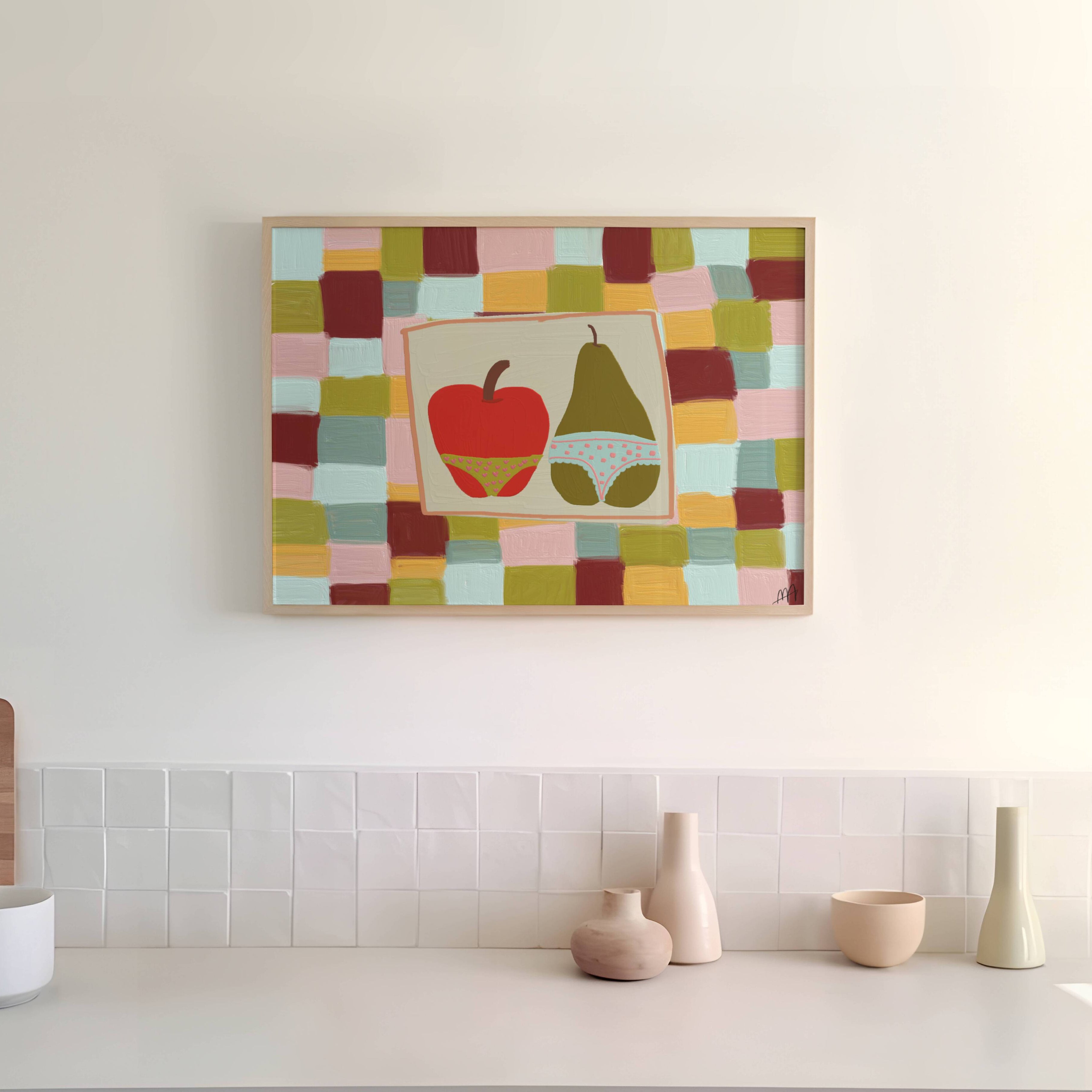 Playful Hand drawn Fruits Kitchen wall art with an illustrated apple and a pear wearing underwear on a colourful checkerboard background. This is a hand drawn Food Oil Painting kitchen and bar cart art Print decor for playful kitchens, dining spaces and eclectic interiors.
