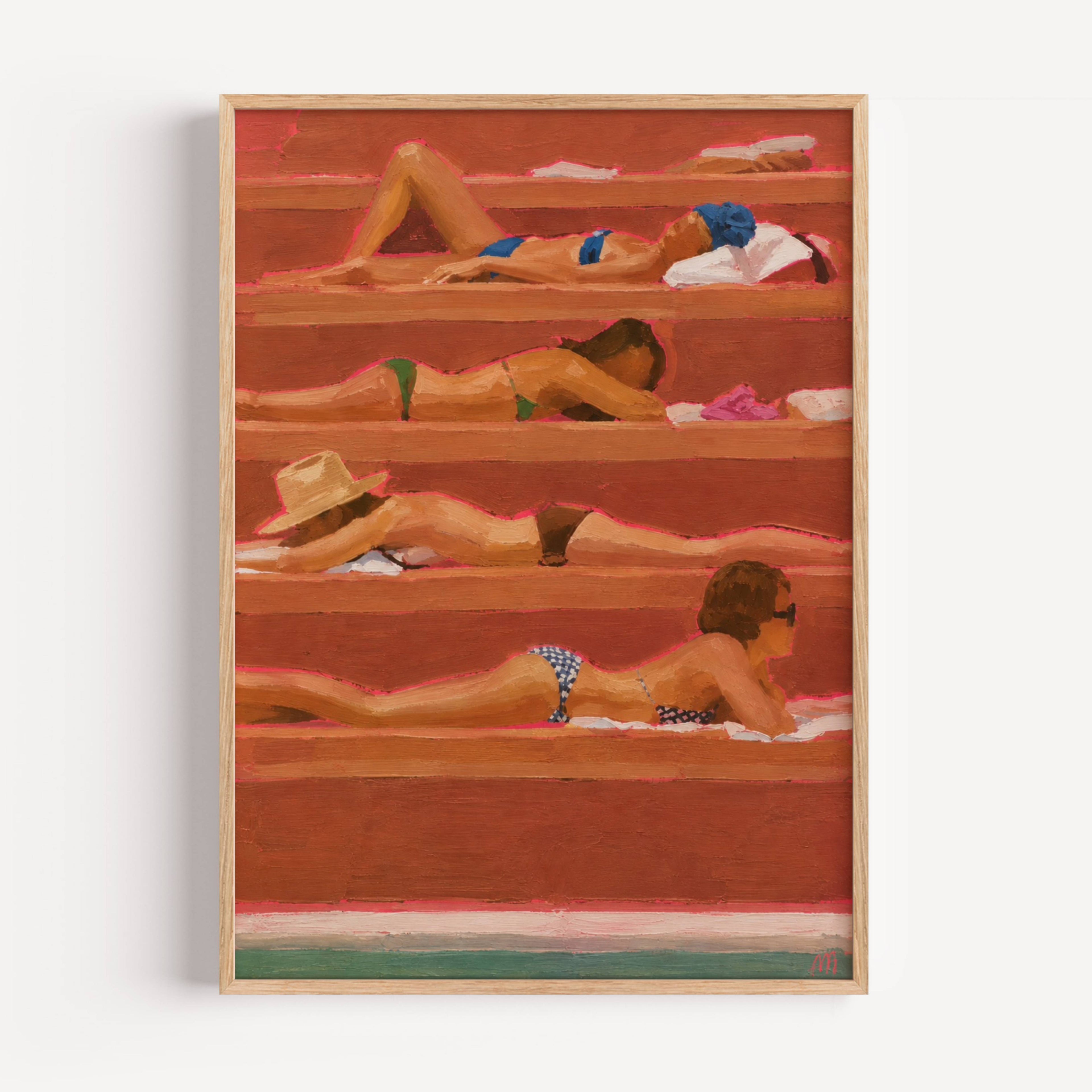 Reserved for the Sun - sunbathing in capri captures the quiet rhythm of an endless afternoon, where striped loungers, warm terracotta tones and slow conversations become the backdrop to a life well lived. Inspired by Mediterranean beach clubs and European summers, this painting celebrates leisure as an art form. Rich painterly textures, warm earthy colours and Alma Atelier’s distinctive contemporary style transform a familiar summer scene into a nostalgic, editorial-inspired statement piece.