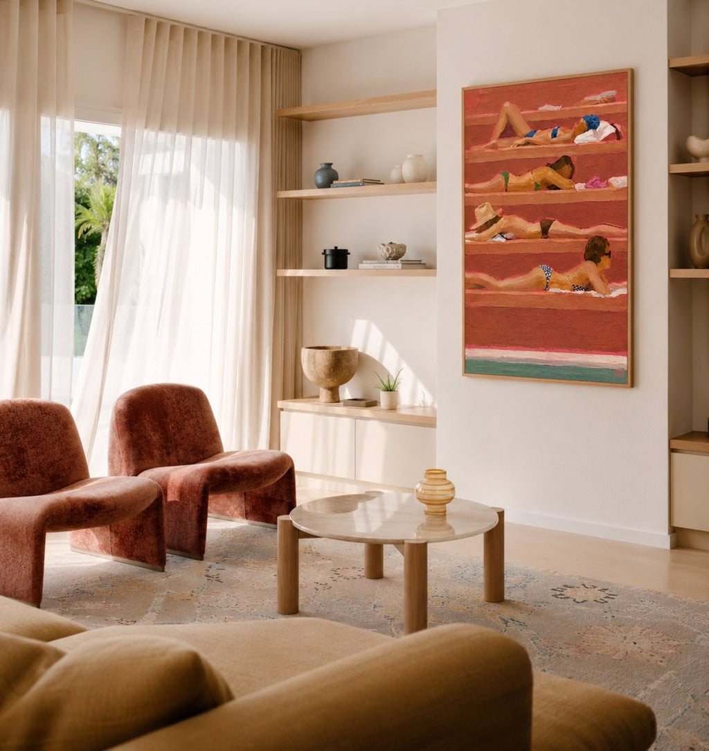 Reserved for the Sun - sunbathing in capri captures the quiet rhythm of an endless afternoon, where striped loungers, warm terracotta tones and slow conversations become the backdrop to a life well lived. Inspired by Mediterranean beach clubs and European summers, this painting celebrates leisure as an art form. Rich painterly textures, warm earthy colours and Alma Atelier’s distinctive contemporary style transform a familiar summer scene into a nostalgic, editorial-inspired statement piece.