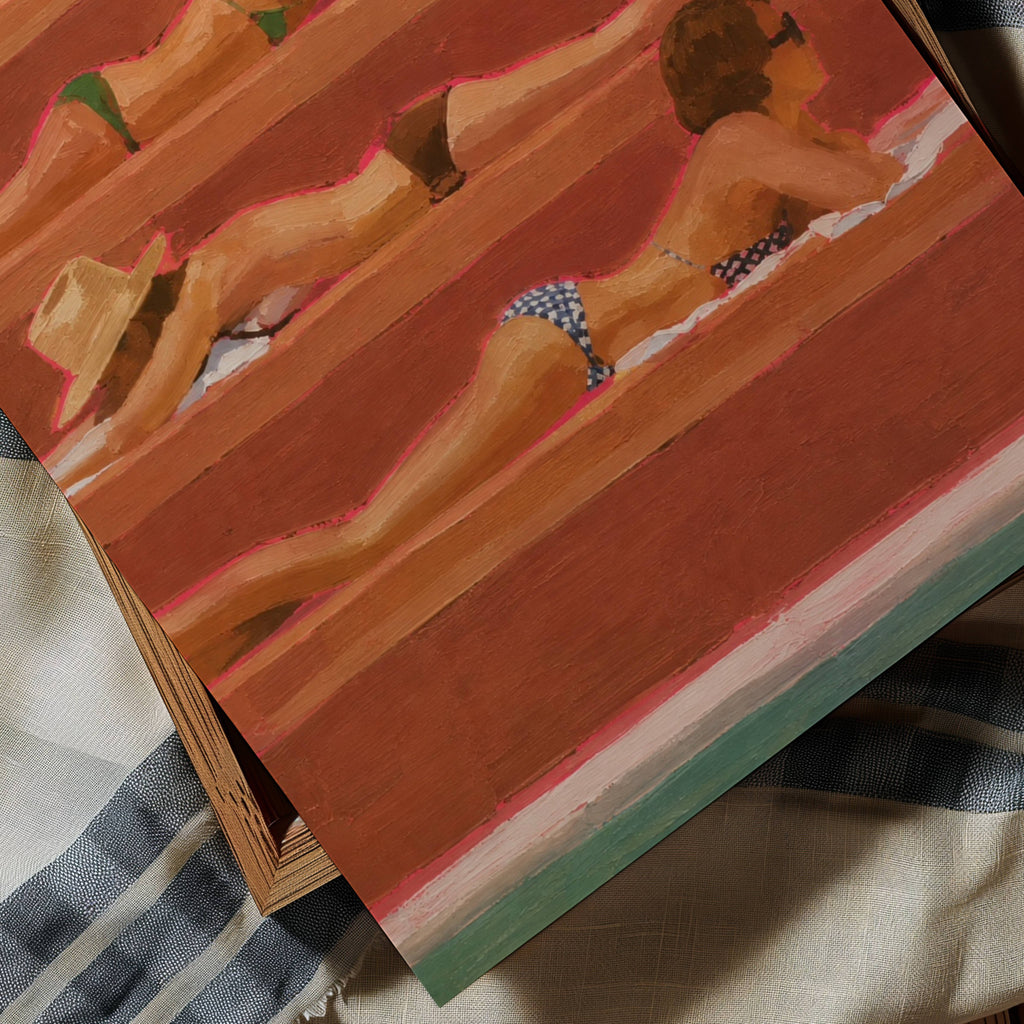 Reserved for the Sun - sunbathing in capri captures the quiet rhythm of an endless afternoon, where striped loungers, warm terracotta tones and slow conversations become the backdrop to a life well lived. Inspired by Mediterranean beach clubs and European summers, this painting celebrates leisure as an art form. Rich painterly textures, warm earthy colours and Alma Atelier’s distinctive contemporary style transform a familiar summer scene into a nostalgic, editorial-inspired statement piece.