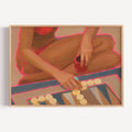 Sunset Backgammon captures a quiet moment suspended between strategy and spontaneity. A hand reaches across a backgammon board as the last light of day lingers, evoking slow summer evenings, meaningful conversations and the understated luxury of having nowhere else to be. Painted with expressive brushstrokes and warm sun-soaked tones, the composition celebrates the beauty of leisure, ritual and connection. The vibrant pink outlines add a contemporary energy to an otherwise timeless scene, creating a strikin