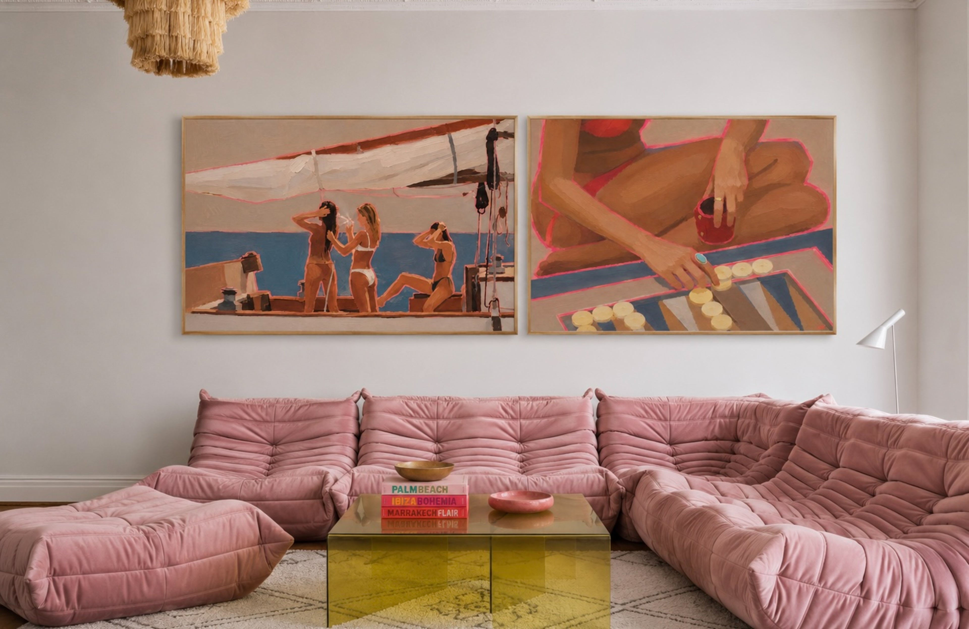 Sunset Backgammon captures a quiet moment suspended between strategy and spontaneity. A hand reaches across a backgammon board as the last light of day lingers, evoking slow summer evenings, meaningful conversations and the understated luxury of having nowhere else to be. Painted with expressive brushstrokes and warm sun-soaked tones, the composition celebrates the beauty of leisure, ritual and connection. The vibrant pink outlines add a contemporary energy to an otherwise timeless scene, creating a strikin