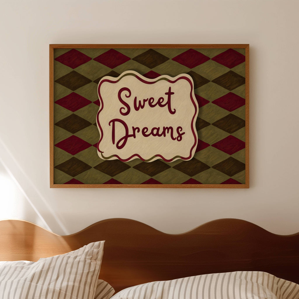 hand drawn Playful typography print with the phrase "sweet dreams" in a retro checkered pink ruby, blue ruby, khaki burgundy, pink green on textured oil painting canva. This is a hand drawn trendy typography wall art print ideal for above bed, bedrooms, dorm room decor, living rooms and kitchens, gallery walls and playful interiors.