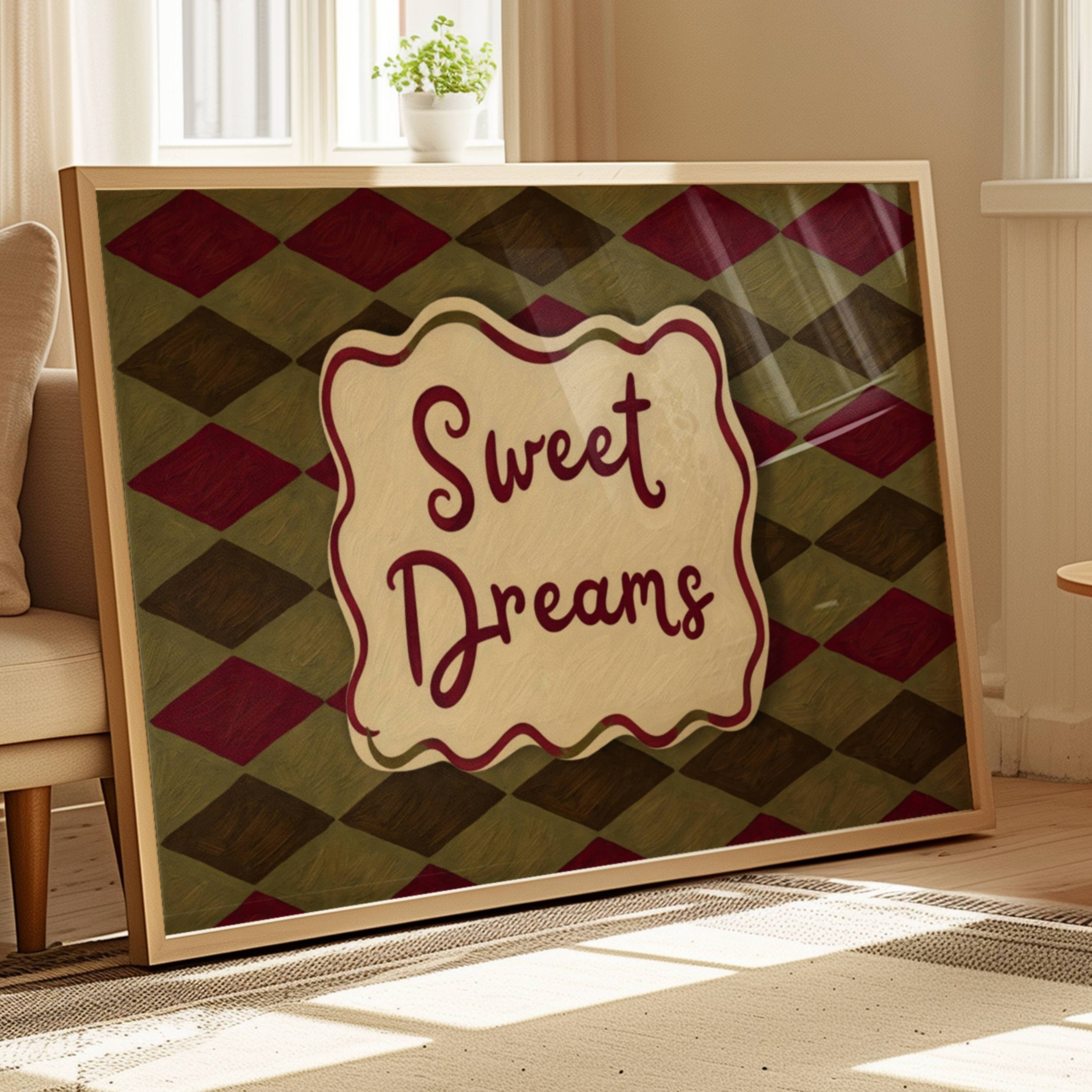 hand drawn Playful typography print with the phrase "sweet dreams" in a retro checkered pink ruby, blue ruby, khaki burgundy, pink green on textured oil painting canva. This is a hand drawn trendy typography wall art print ideal for above bed, bedrooms, dorm room decor, living rooms and kitchens, gallery walls and playful interiors.