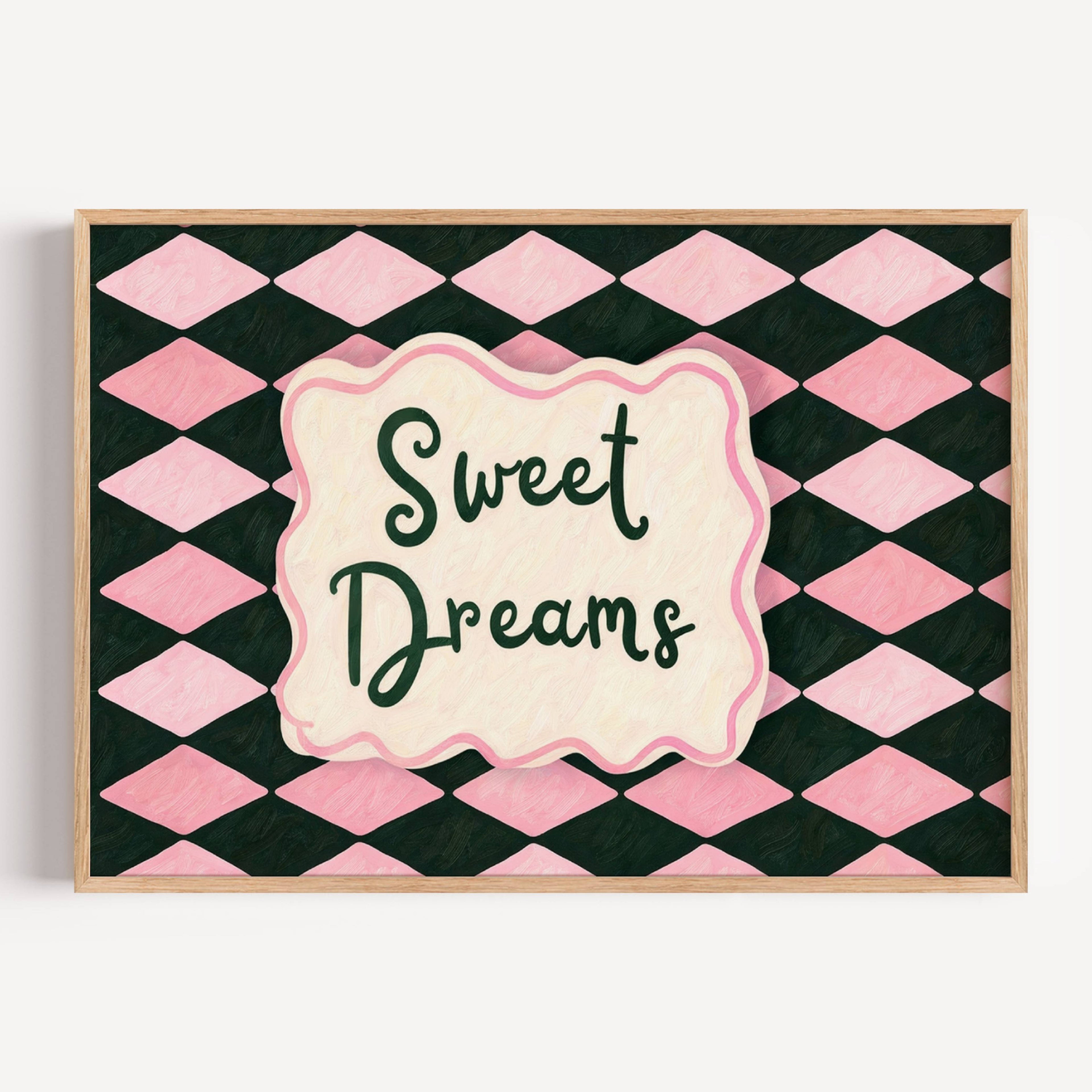 hand drawn Playful typography print with the phrase "sweet dreams" in a retro checkered pink ruby, blue ruby, khaki burgundy, pink green on textured oil painting canva. This is a hand drawn trendy typography wall art print ideal for above bed, bedrooms, dorm room decor, living rooms and kitchens, gallery walls and playful interiors.