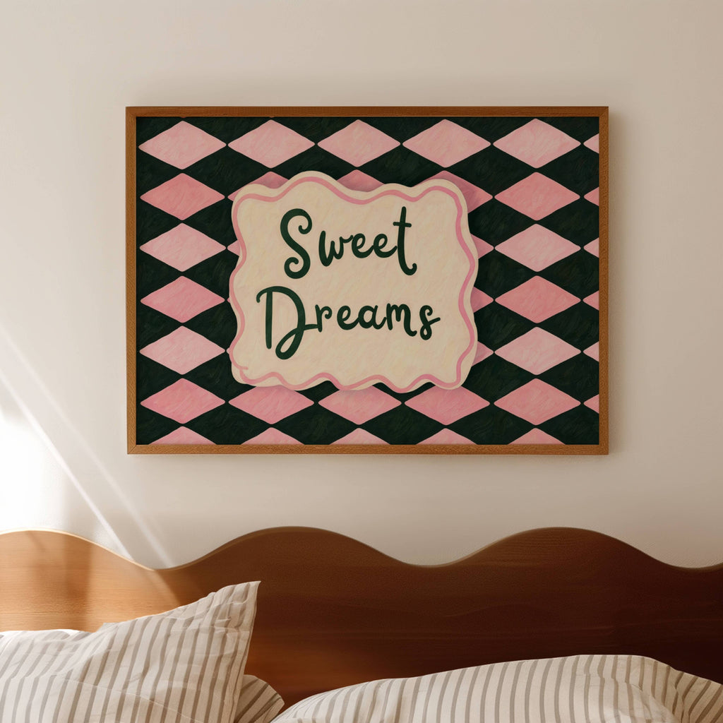 hand drawn Playful typography print with the phrase "sweet dreams" in a retro checkered pink ruby, blue ruby, khaki burgundy, pink green on textured oil painting canva. This is a hand drawn trendy typography wall art print ideal for above bed, bedrooms, dorm room decor, living rooms and kitchens, gallery walls and playful interiors.