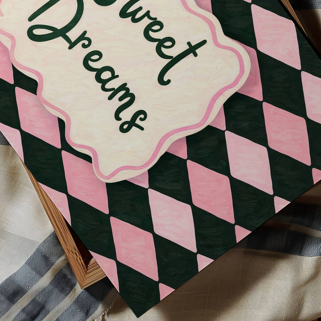 hand drawn Playful typography print with the phrase "sweet dreams" in a retro checkered pink ruby, blue ruby, khaki burgundy, pink green on textured oil painting canva. This is a hand drawn trendy typography wall art print ideal for above bed, bedrooms, dorm room decor, living rooms and kitchens, gallery walls and playful interiors.