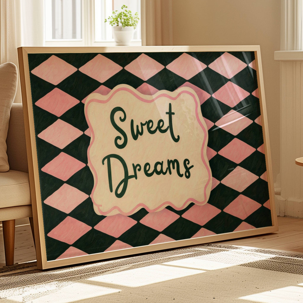 hand drawn Playful typography print with the phrase "sweet dreams" in a retro checkered pink ruby, blue ruby, khaki burgundy, pink green on textured oil painting canva. This is a hand drawn trendy typography wall art print ideal for above bed, bedrooms, dorm room decor, living rooms and kitchens, gallery walls and playful interiors.