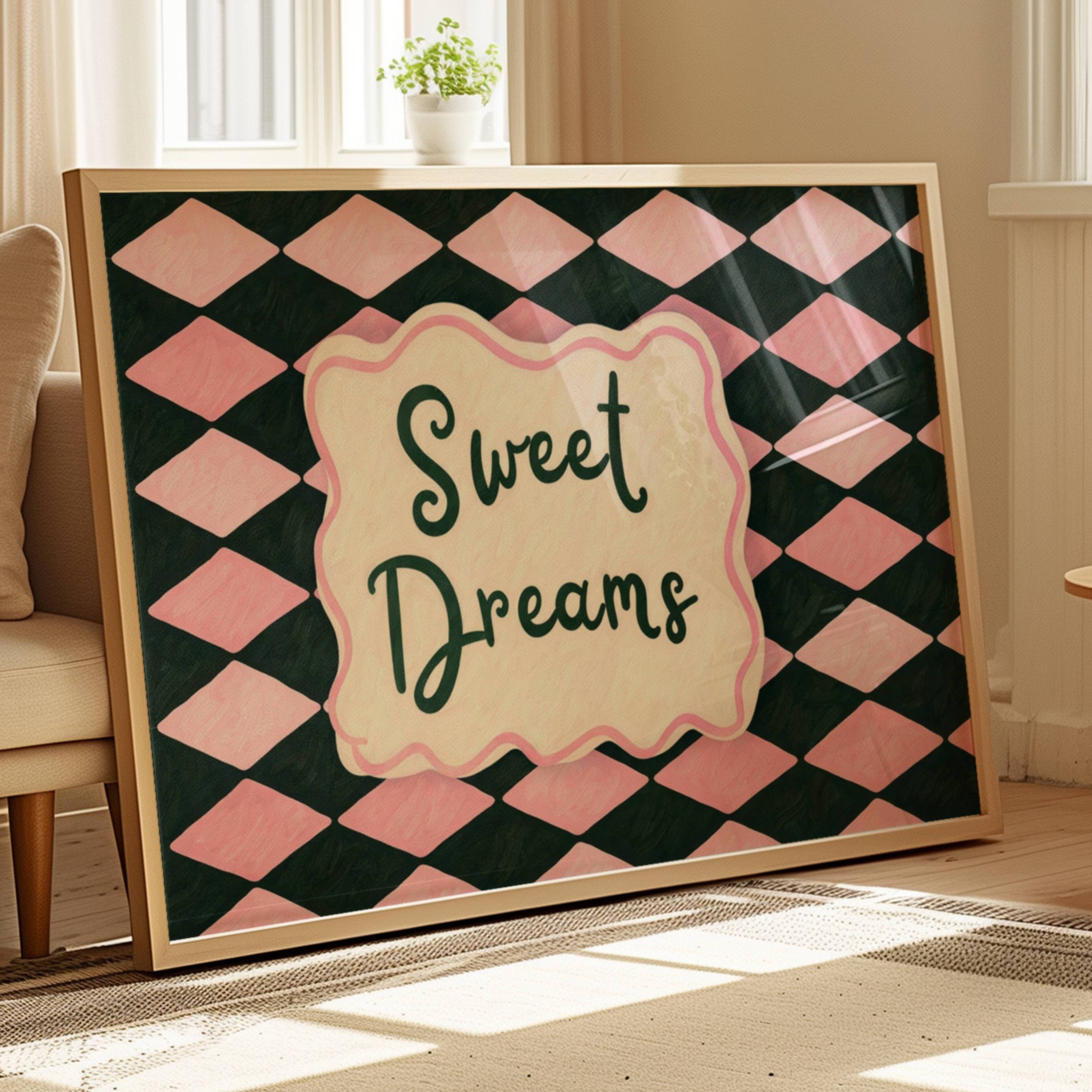hand drawn Playful typography print with the phrase "sweet dreams" in a retro checkered pink ruby, blue ruby, khaki burgundy, pink green on textured oil painting canva. This is a hand drawn trendy typography wall art print ideal for above bed, bedrooms, dorm room decor, living rooms and kitchens, gallery walls and playful interiors.
