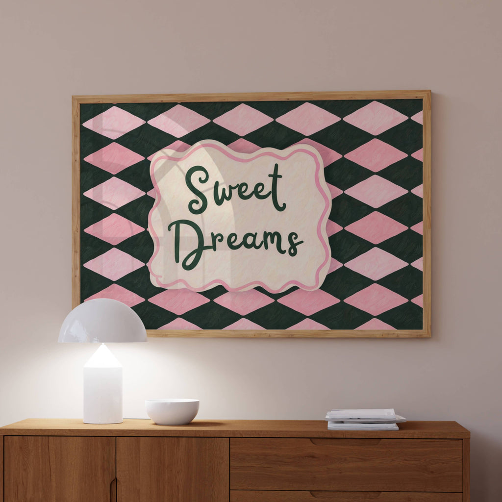 hand drawn Playful typography print with the phrase "sweet dreams" in a retro checkered pink ruby, blue ruby, khaki burgundy, pink green on textured oil painting canva. This is a hand drawn trendy typography wall art print ideal for above bed, bedrooms, dorm room decor, living rooms and kitchens, gallery walls and playful interiors