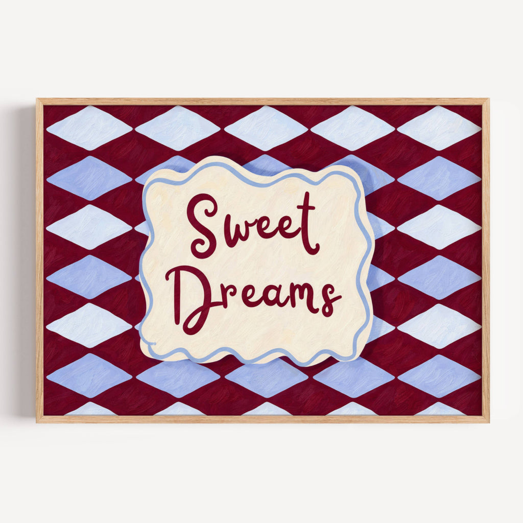 hand drawn Playful typography print with the phrase "sweet dreams" in a retro checkered pink ruby, blue ruby, khaki burgundy, pink green on textured oil painting canva. This is a hand drawn trendy typography wall art print ideal for above bed, bedrooms, dorm room decor, living rooms and kitchens, gallery walls and playful interiors.