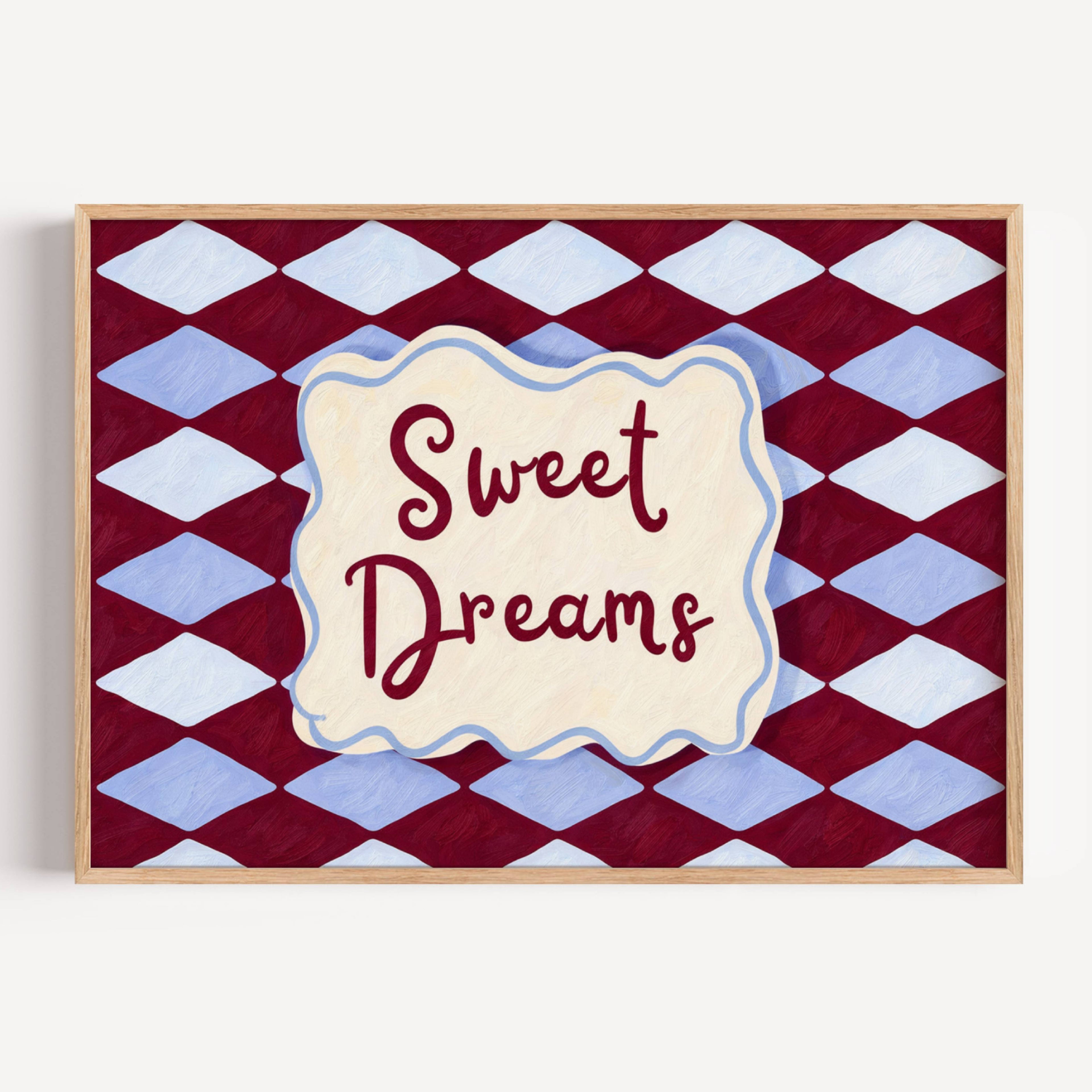 hand drawn Playful typography print with the phrase "sweet dreams" in a retro checkered pink ruby, blue ruby, khaki burgundy, pink green on textured oil painting canva. This is a hand drawn trendy typography wall art print ideal for above bed, bedrooms, dorm room decor, living rooms and kitchens, gallery walls and playful interiors.