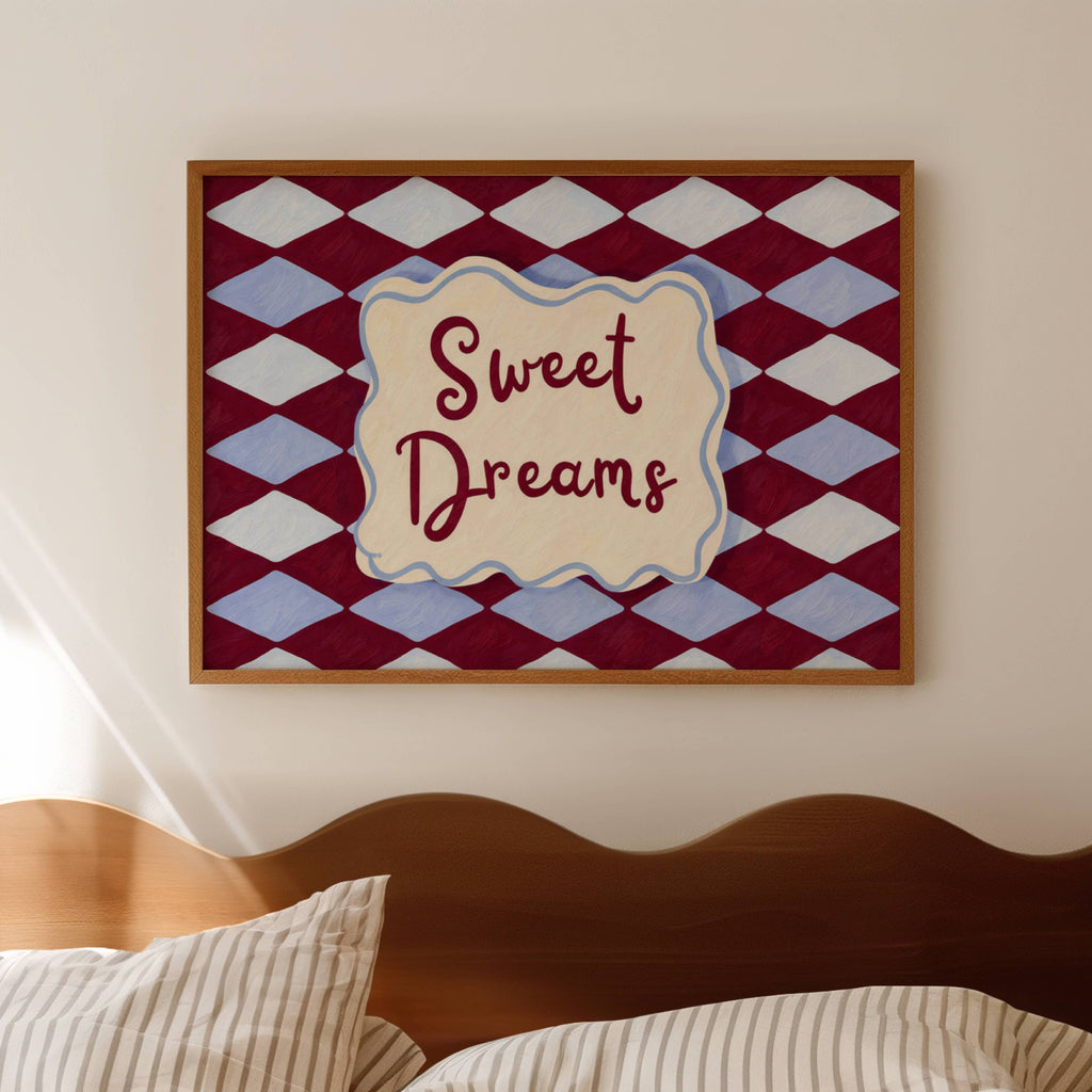 hand drawn Playful typography print with the phrase "sweet dreams" in a retro checkered pink ruby, blue ruby, khaki burgundy, pink green on textured oil painting canva. This is a hand drawn trendy typography wall art print ideal for above bed, bedrooms, dorm room decor, living rooms and kitchens, gallery walls and playful interiors