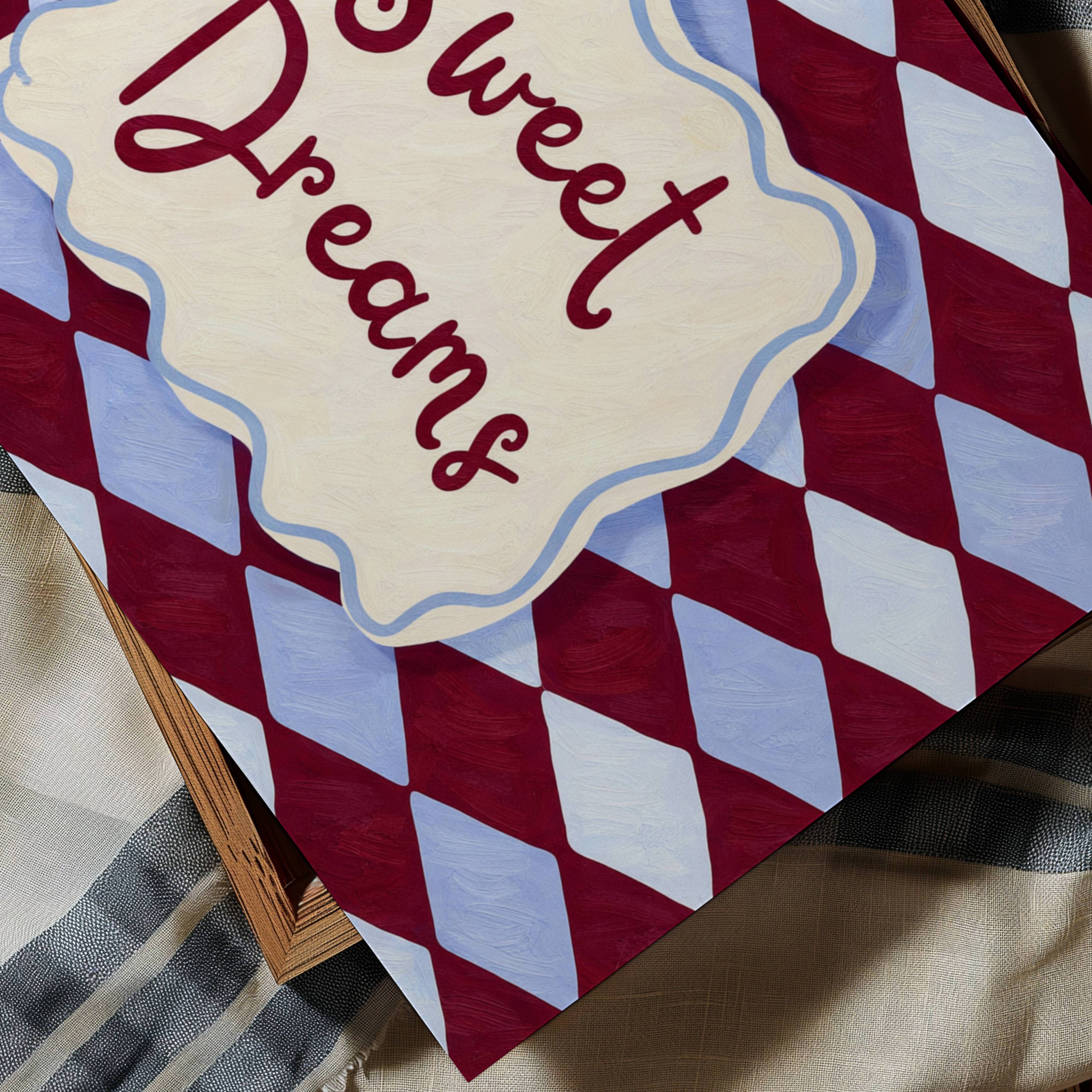 hand drawn Playful typography print with the phrase "sweet dreams" in a retro checkered pink ruby, blue ruby, khaki burgundy, pink green on textured oil painting canva. This is a hand drawn trendy typography wall art print ideal for above bed, bedrooms, dorm room decor, living rooms and kitchens, gallery walls and playful interiors.