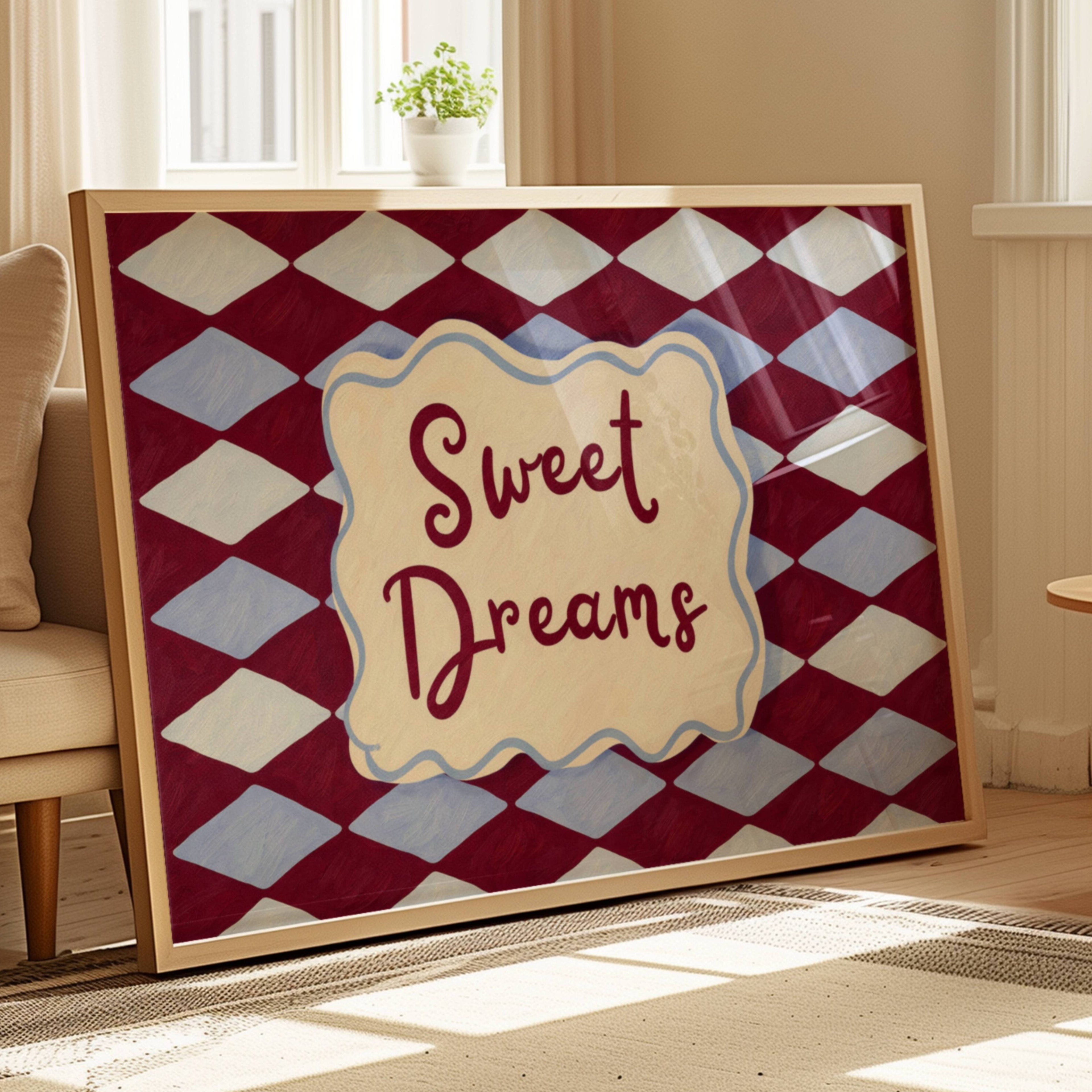 hand drawn Playful typography print with the phrase "sweet dreams" in a retro checkered pink ruby, blue ruby, khaki burgundy, pink green on textured oil painting canva. This is a hand drawn trendy typography wall art print ideal for above bed, bedrooms, dorm room decor, living rooms and kitchens, gallery walls and playful interiors.