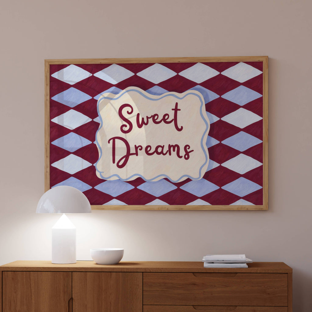 hand drawn Playful typography print with the phrase "sweet dreams" in a retro checkered pink ruby, blue ruby, khaki burgundy, pink green on textured oil painting canva. This is a hand drawn trendy typography wall art print ideal for above bed, bedrooms, dorm room decor, living rooms and kitchens, gallery walls and playful interiors.