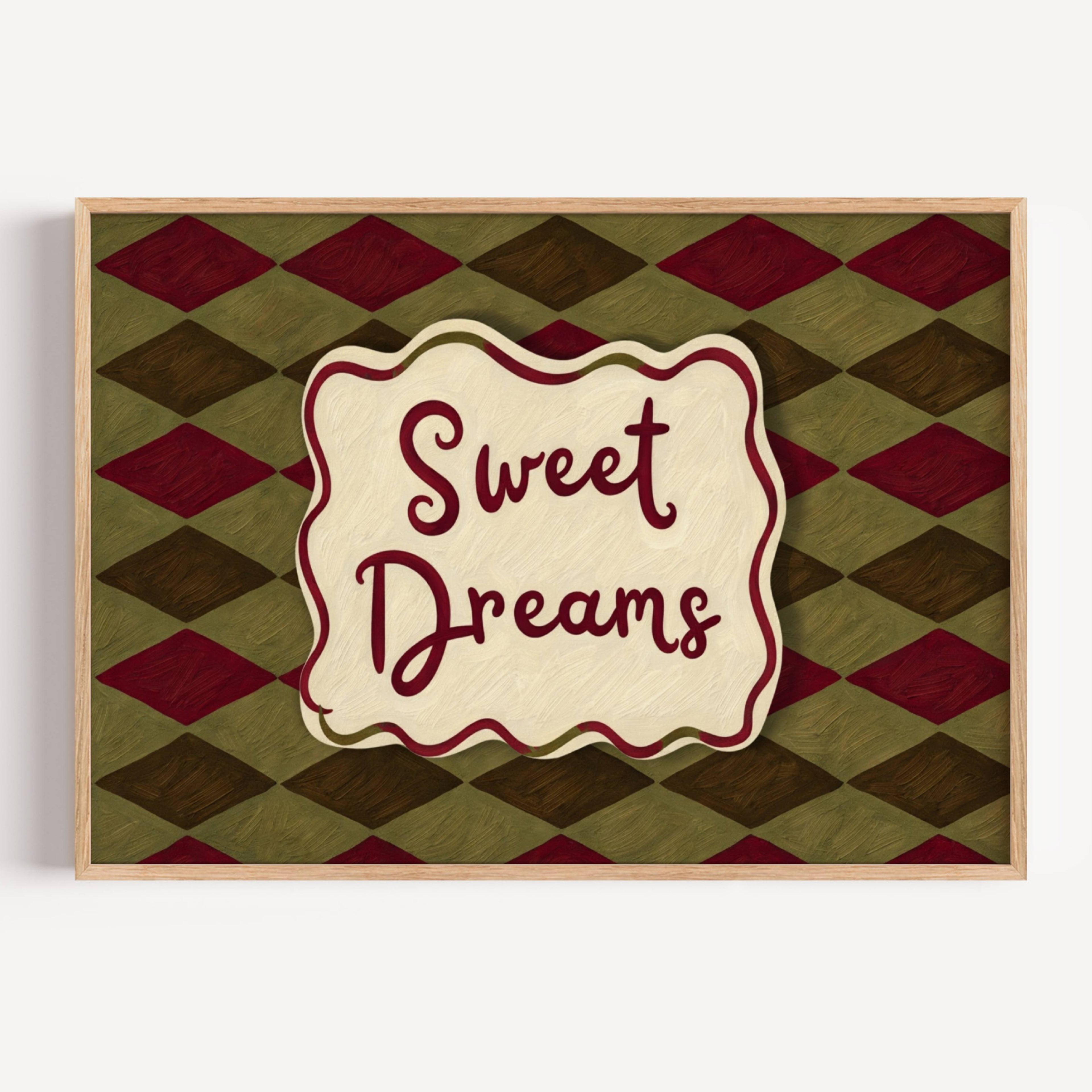 hand drawn Playful typography print with the phrase "sweet dreams" in a retro checkered pink ruby, blue ruby, khaki burgundy, pink green on textured oil painting canva. This is a hand drawn trendy typography wall art print ideal for above bed, bedrooms, dorm room decor, living rooms and kitchens, gallery walls and playful interiors.