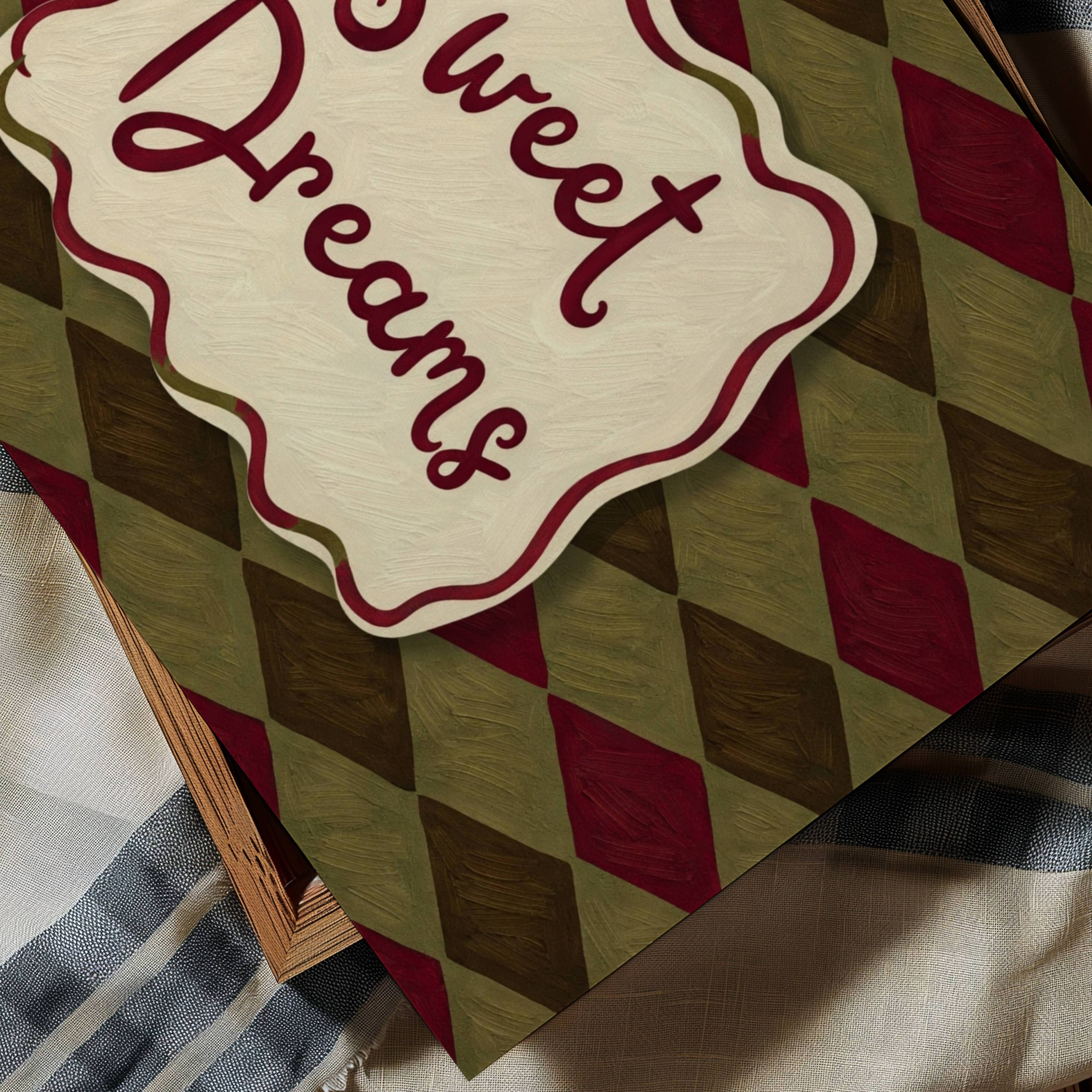 hand drawn Playful typography print with the phrase "sweet dreams" in a retro checkered pink ruby, blue ruby, khaki burgundy, pink green on textured oil painting canva. This is a hand drawn trendy typography wall art print ideal for above bed, bedrooms, dorm room decor, living rooms and kitchens, gallery walls and playful interiors.
