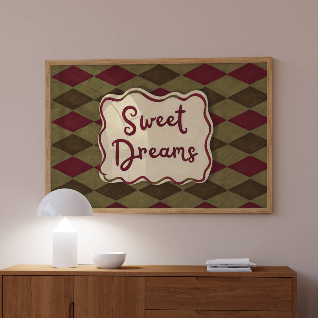 hand drawn Playful typography print with the phrase "sweet dreams" in a retro checkered pink ruby, blue ruby, khaki burgundy, pink green on textured oil painting canva. This is a hand drawn trendy typography wall art print ideal for above bed, bedrooms, dorm room decor, living rooms and kitchens, gallery walls and playful interiors