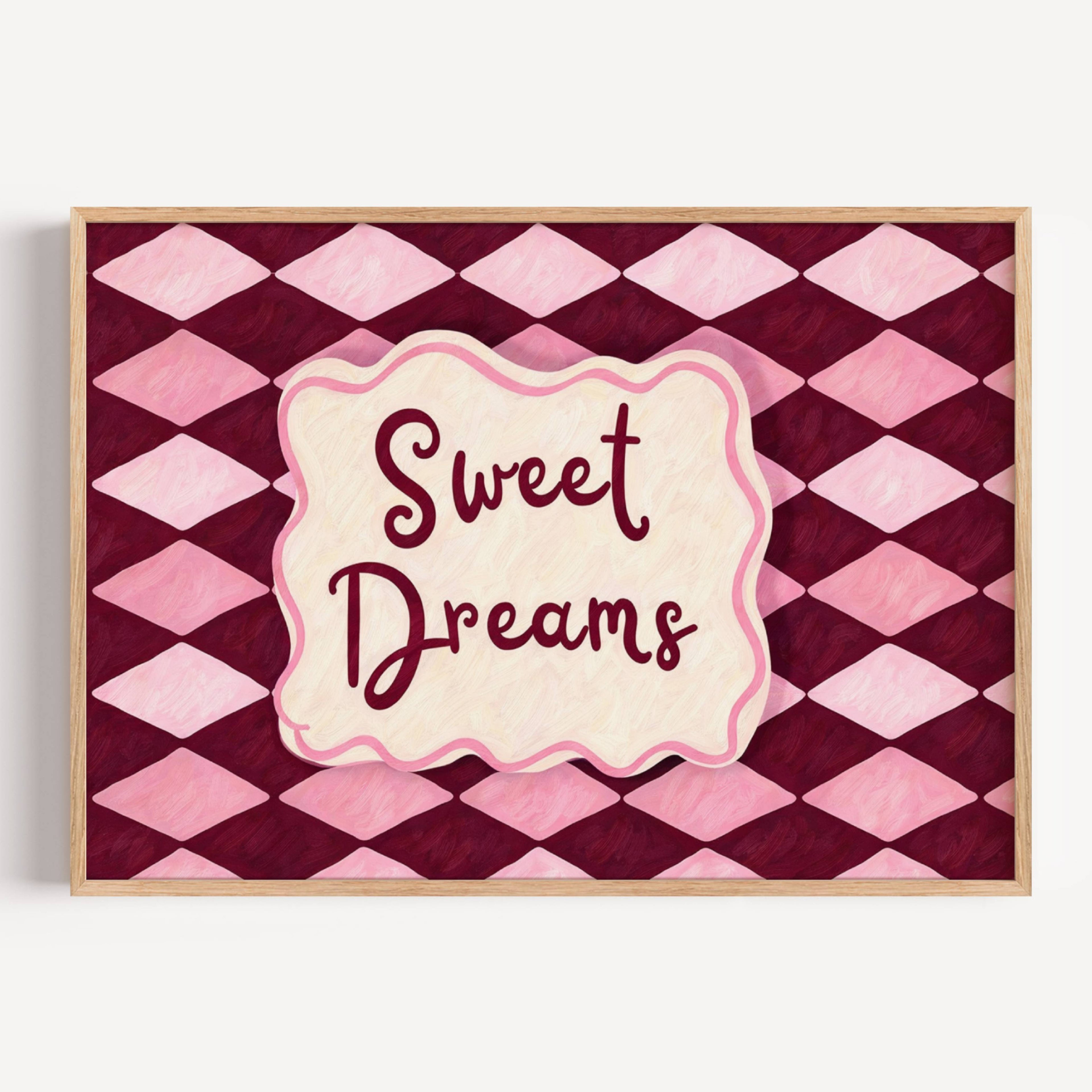 hand drawn Playful typography print with the phrase "sweet dreams" in a retro checkered pink ruby, blue ruby, khaki burgundy, pink green on textured oil painting canva. This is a hand drawn trendy typography wall art print ideal for above bed, bedrooms, dorm room decor, living rooms and kitchens, gallery walls and playful interiors