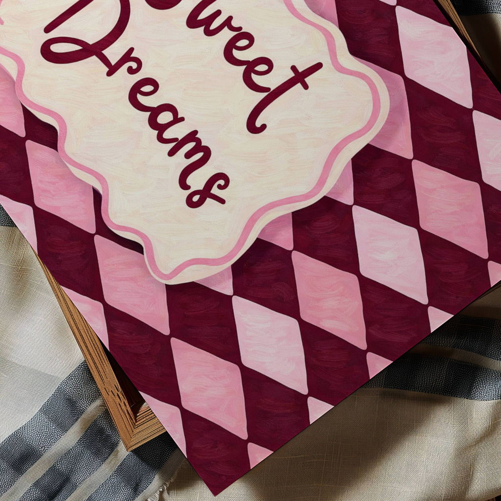 hand drawn Playful typography print with the phrase "sweet dreams" in a retro checkered pink ruby, blue ruby, khaki burgundy, pink green on textured oil painting canva. This is a hand drawn trendy typography wall art print ideal for above bed, bedrooms, dorm room decor, living rooms and kitchens, gallery walls and playful interiors.