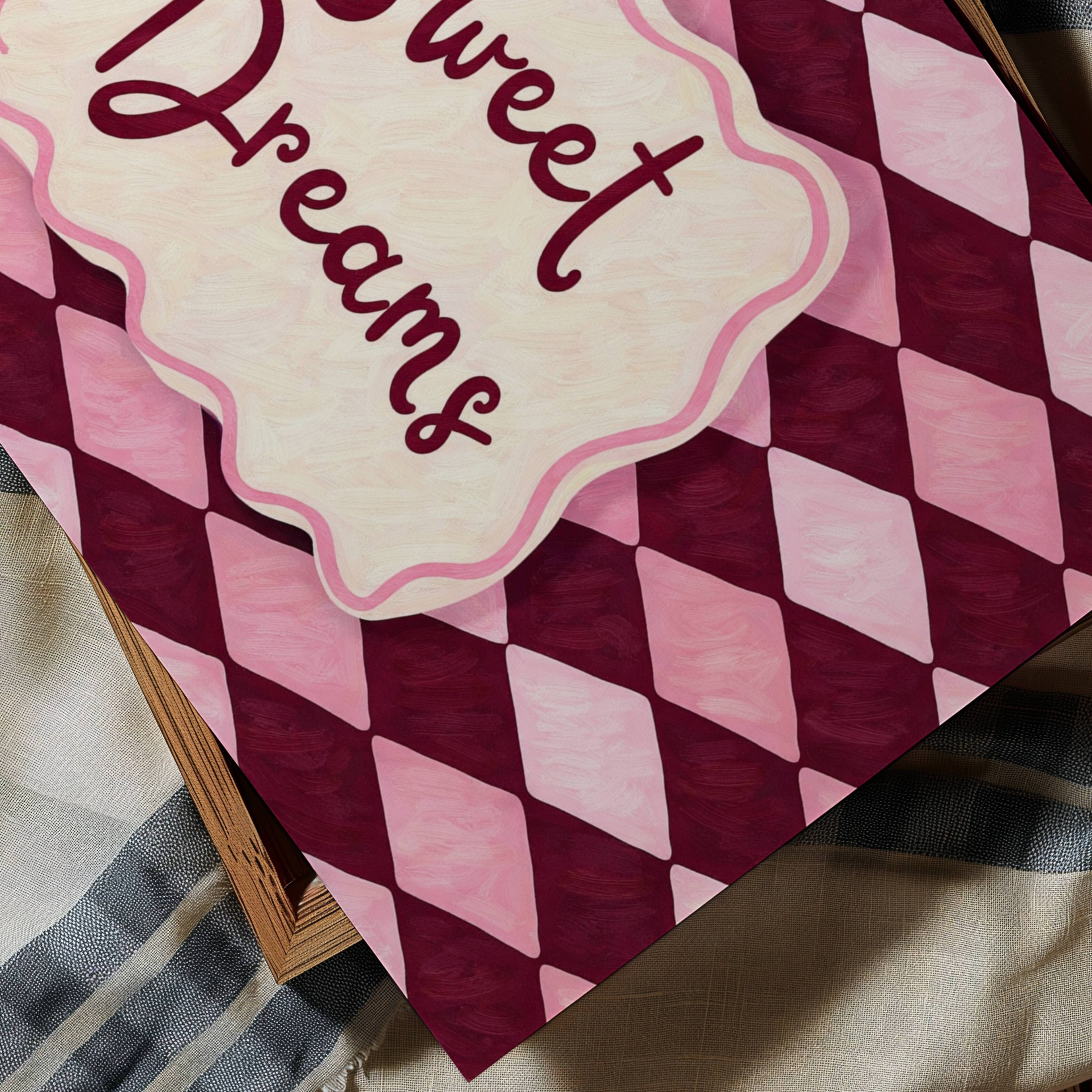 hand drawn Playful typography print with the phrase "sweet dreams" in a retro checkered pink ruby, blue ruby, khaki burgundy, pink green on textured oil painting canva. This is a hand drawn trendy typography wall art print ideal for above bed, bedrooms, dorm room decor, living rooms and kitchens, gallery walls and playful interiors.