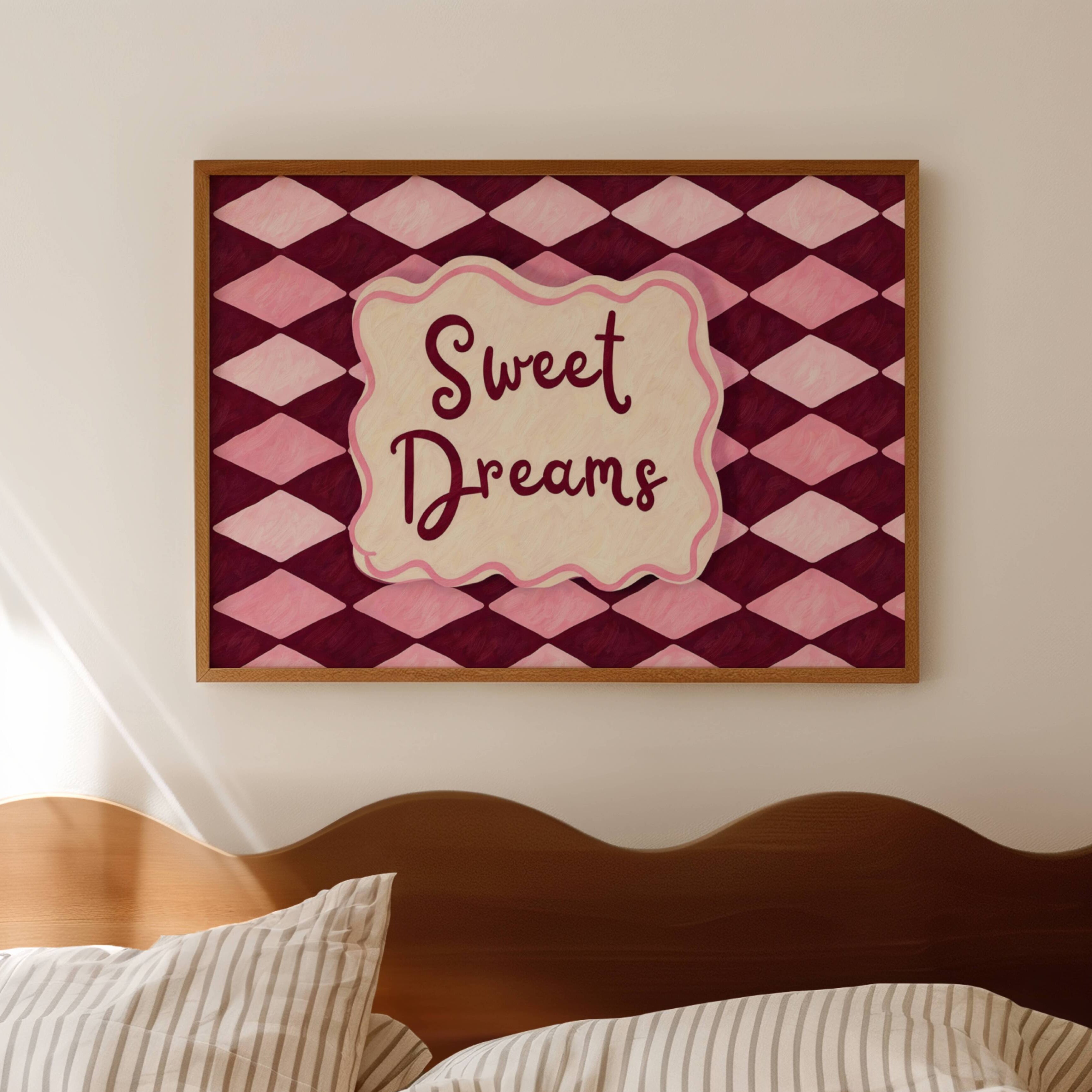 hand drawn Playful typography print with the phrase "sweet dreams" in a retro checkered pink ruby, blue ruby, khaki burgundy, pink green on textured oil painting canva. This is a hand drawn trendy typography wall art print ideal for above bed, bedrooms, dorm room decor, living rooms and kitchens, gallery walls and playful interiors.