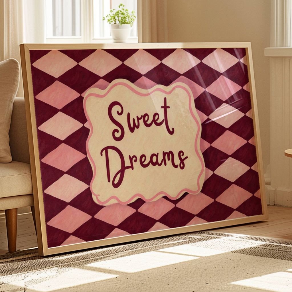 hand drawn Playful typography print with the phrase "sweet dreams" in a retro checkered pink ruby, blue ruby, khaki burgundy, pink green on textured oil painting canva. This is a hand drawn trendy typography wall art print ideal for above bed, bedrooms, dorm room decor, living rooms and kitchens, gallery walls and playful interiors.