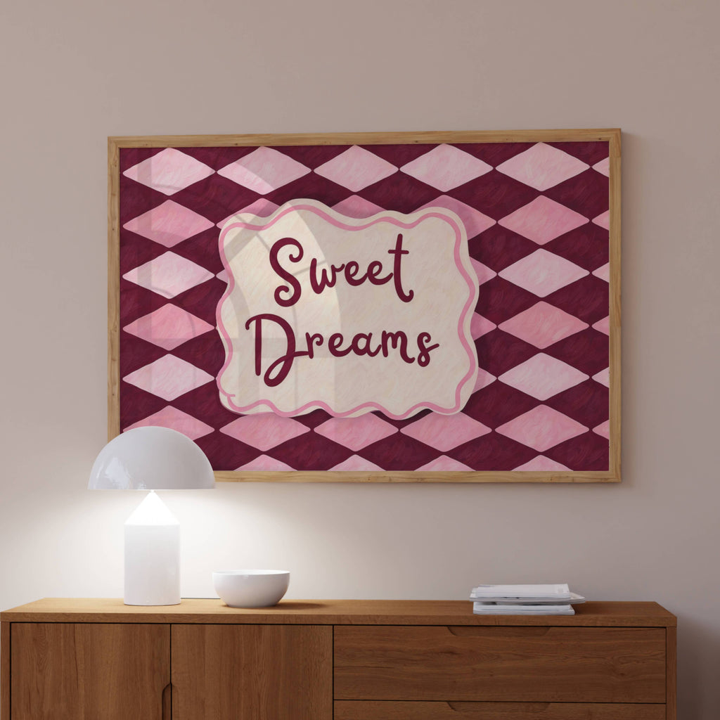 hand drawn Playful typography print with the phrase "sweet dreams" in a retro checkered pink ruby, blue ruby, khaki burgundy, pink green on textured oil painting canva. This is a hand drawn trendy typography wall art print ideal for above bed, bedrooms, dorm room decor, living rooms and kitchens, gallery walls and playful interiors.