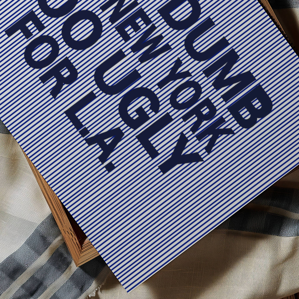 hand drawn Playful Funny typography print with the phrase "TOO DUMB FOR NY, TOO UGLY FOR LA" in a retro striped navy blue canva. This is a trendy funny typography wall art print ideal for above bed, bedrooms, dorm room decor, living rooms and kitchens, gallery walls and playful interiors. The perfect Cool Girl Apartment decor