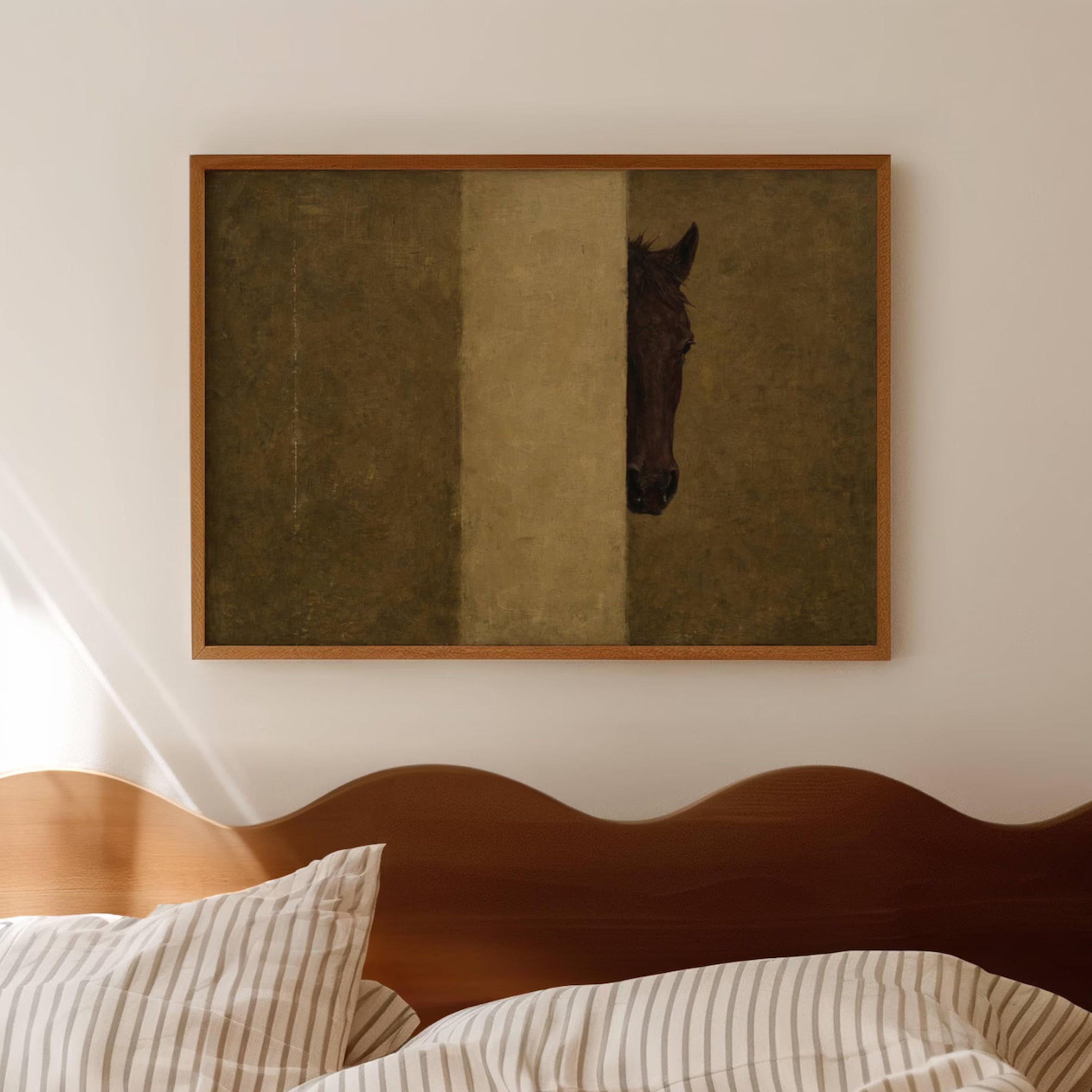 The Hidden Horse is a Contemporary Oil Painting Horse Art Print in earthy khaki tones, featuring a minimalist Horse Portrait