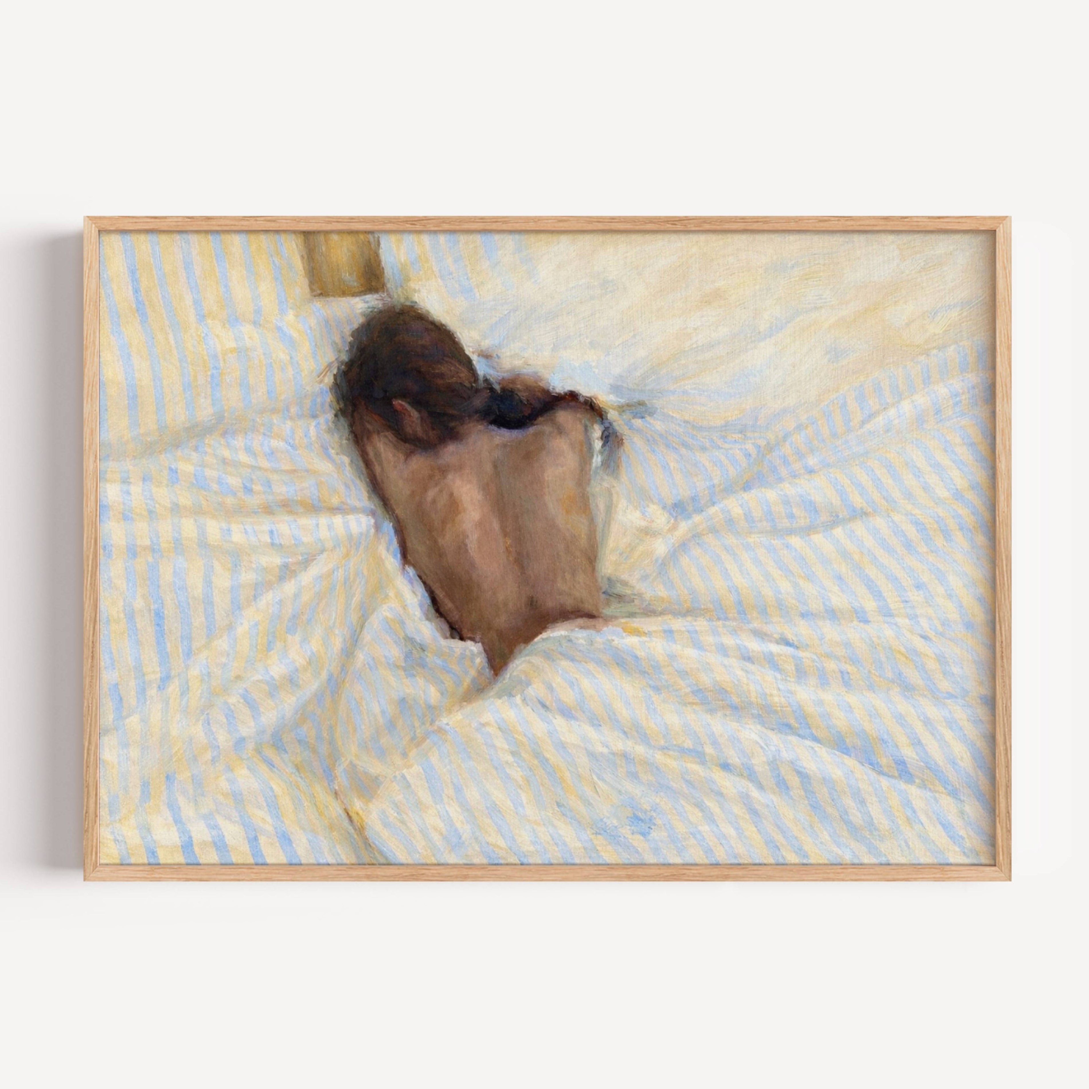 the art of staying is a hand painted wall art print of a sleeping womam in striped bedding, in light blue and butter yellow tones, inspired by slow mornings and nostalgic interiors, symbolizing quiet luxury and unhurried mornings. Horizontal above bed oil painting wall art print . sunday morning aesthetic intimate wall art