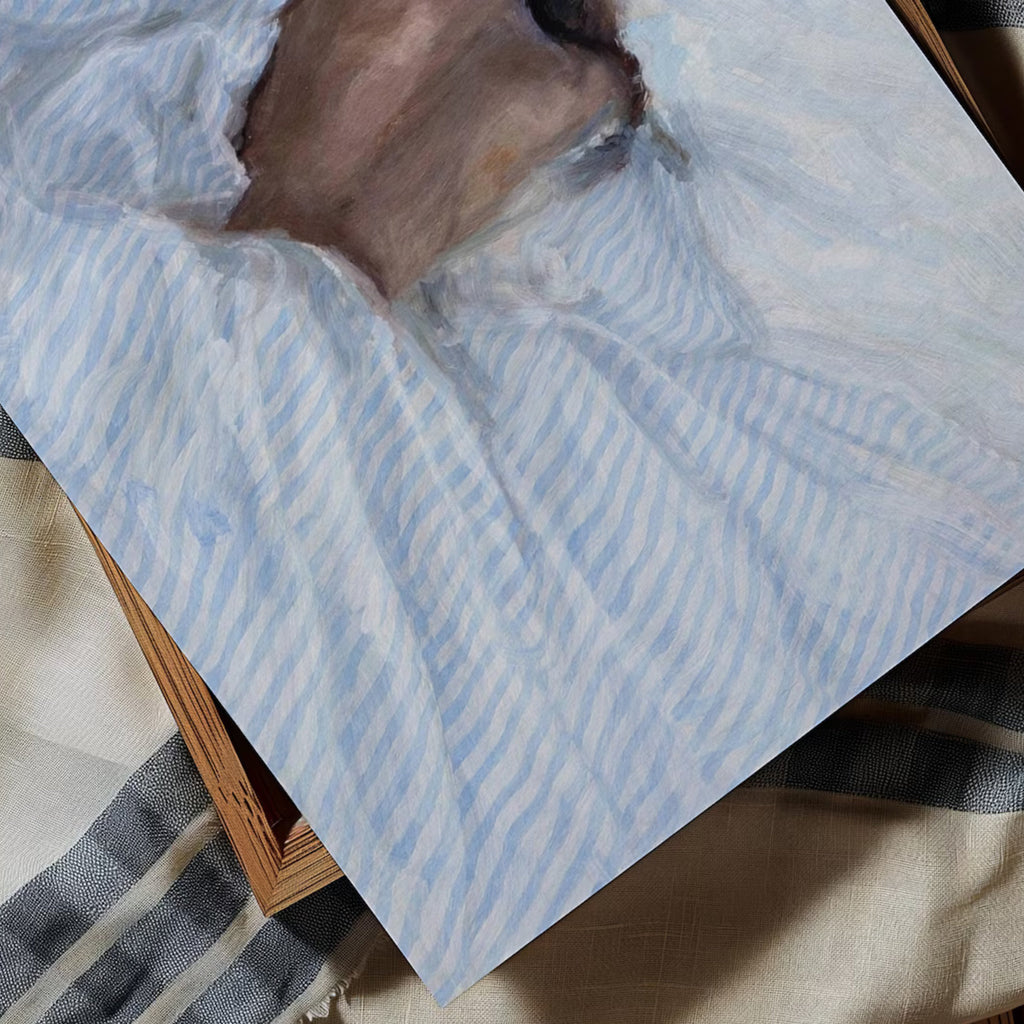the art of staying is a hand painted wall art print of a sleeping womam in striped bedding, in light blue and butter yellow tones, inspired by slow mornings and nostalgic interiors, symbolizing quiet luxury and unhurried mornings. Horizontal above bed oil painting wall art print . sunday morning aesthetic intimate wall art