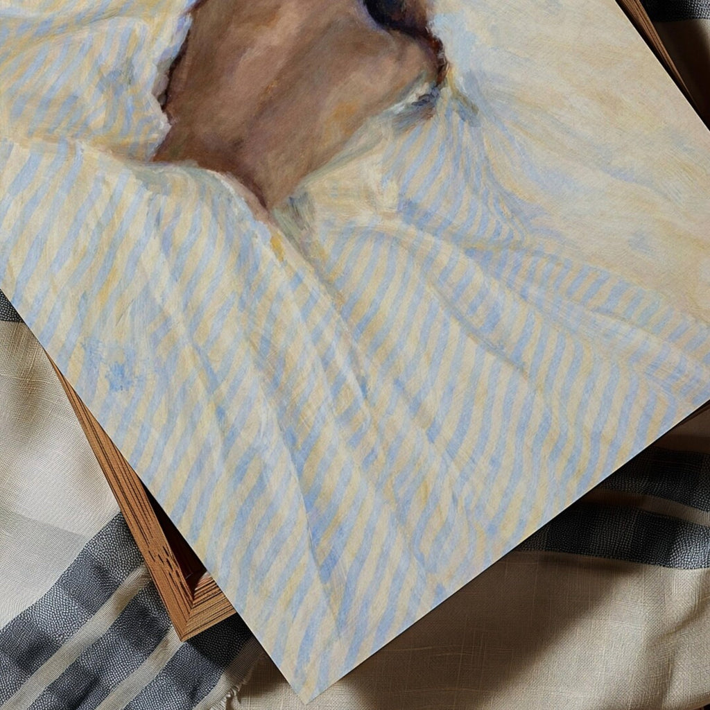 the art of staying is a hand painted wall art print of a sleeping womam in striped bedding, in light blue and butter yellow tones, inspired by slow mornings and nostalgic interiors, symbolizing quiet luxury and unhurried mornings. Horizontal above bed oil painting wall art print . sunday morning aesthetic intimate wall art