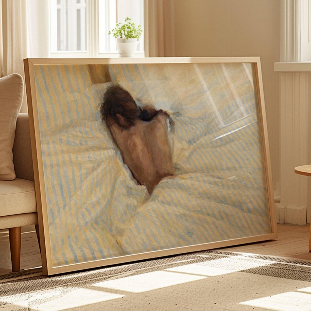 the art of staying is a hand painted wall art print of a sleeping womam in striped bedding, in light blue and butter yellow tones, inspired by slow mornings and nostalgic interiors, symbolizing quiet luxury and unhurried mornings. Horizontal above bed oil painting wall art print . sunday morning aesthetic intimate wall art