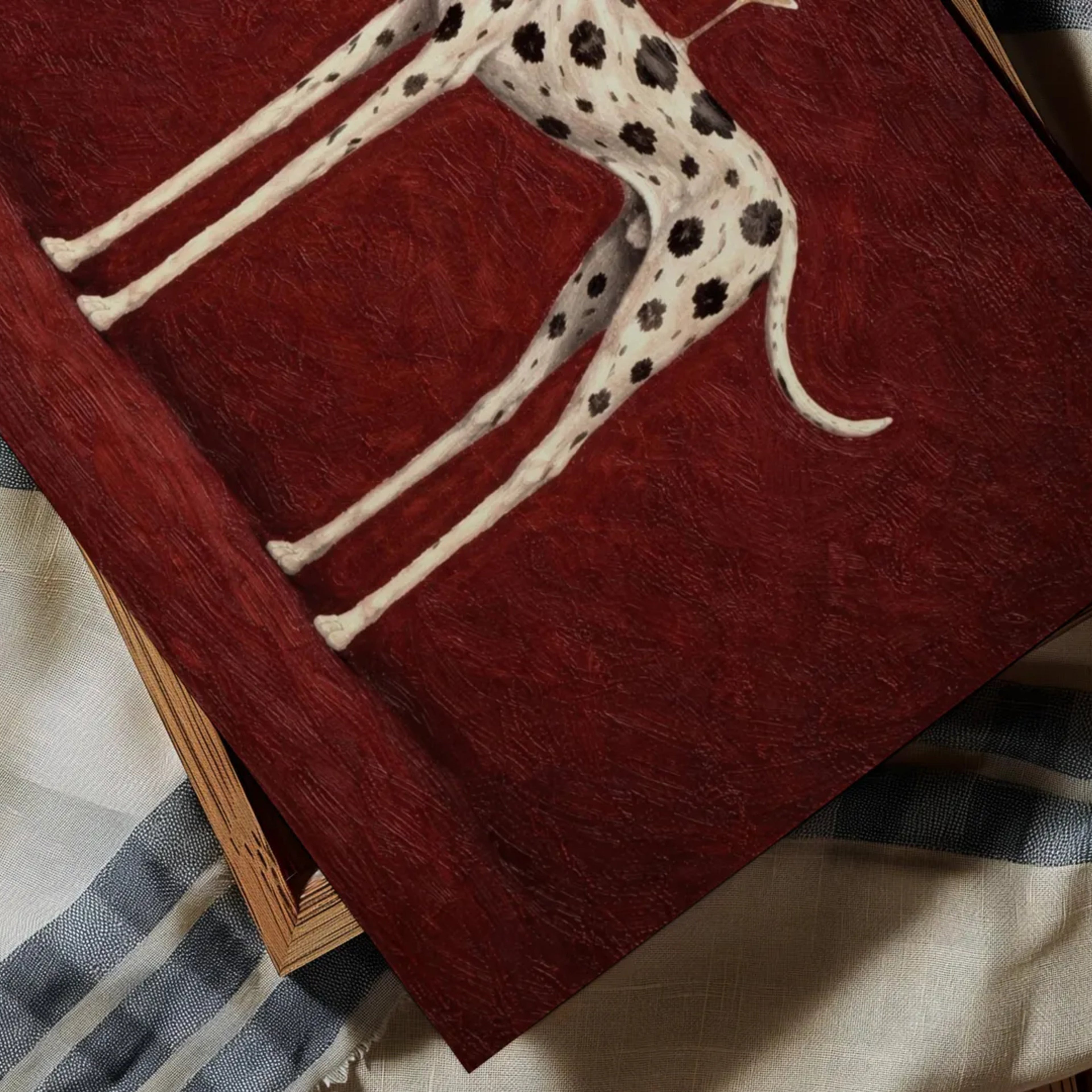 the cocktail dalmatian is a surreal hand painted Minimalist Contemporary whimsical wall art print of a dalmatian dog balancing two martini glasses against a burgundy background, inspired by quiet luxury interiors with expressive painterly texture. Surreal Minimalist Mid century modern dalmatian dog oil painting in cinematic nostalgia composition.