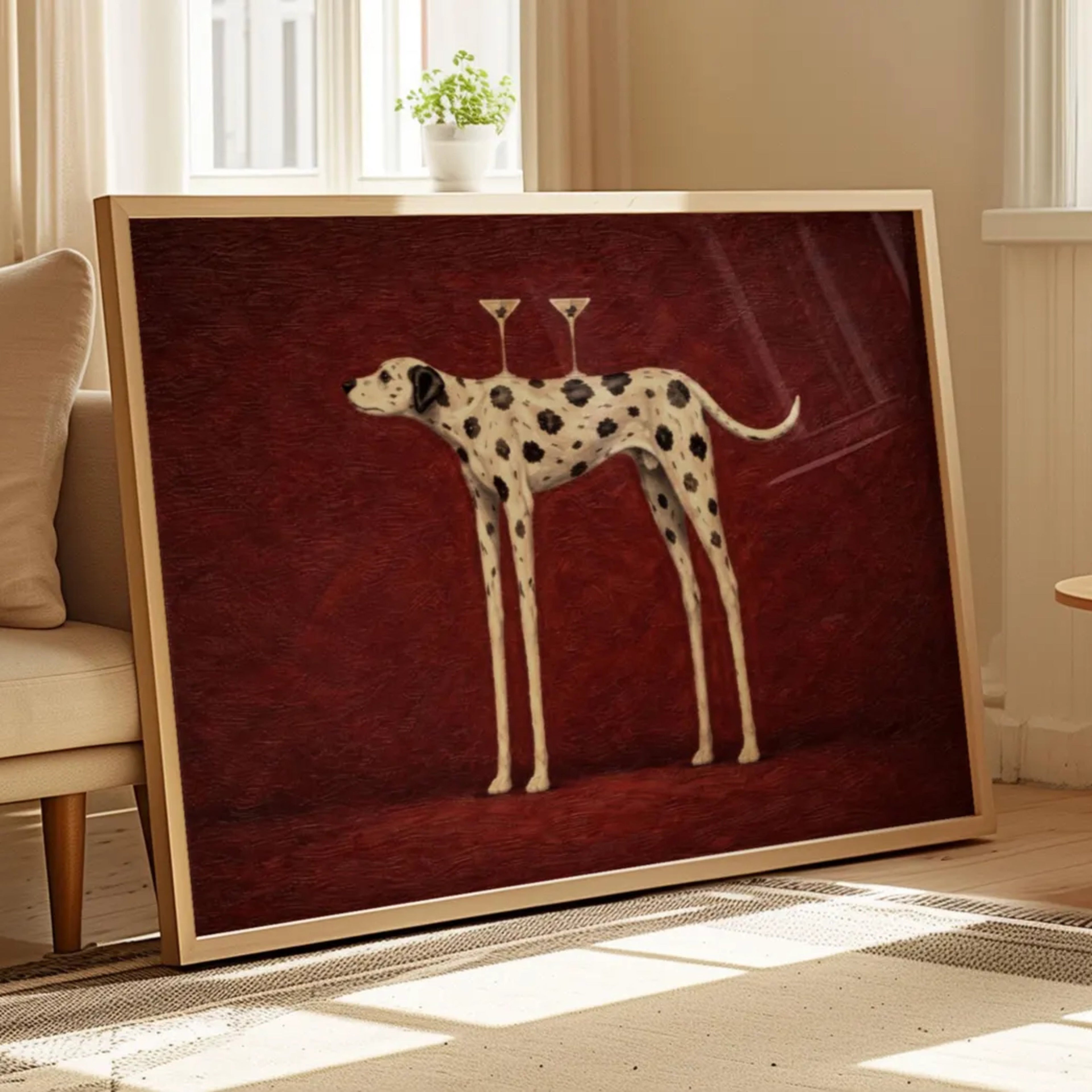the cocktail dalmatian is a surreal hand painted Minimalist Contemporary whimsical wall art print of a dalmatian dog balancing two martini glasses against a burgundy background, inspired by quiet luxury interiors with expressive painterly texture. Surreal Minimalist Mid century modern dalmatian dog oil painting in cinematic nostalgia composition.