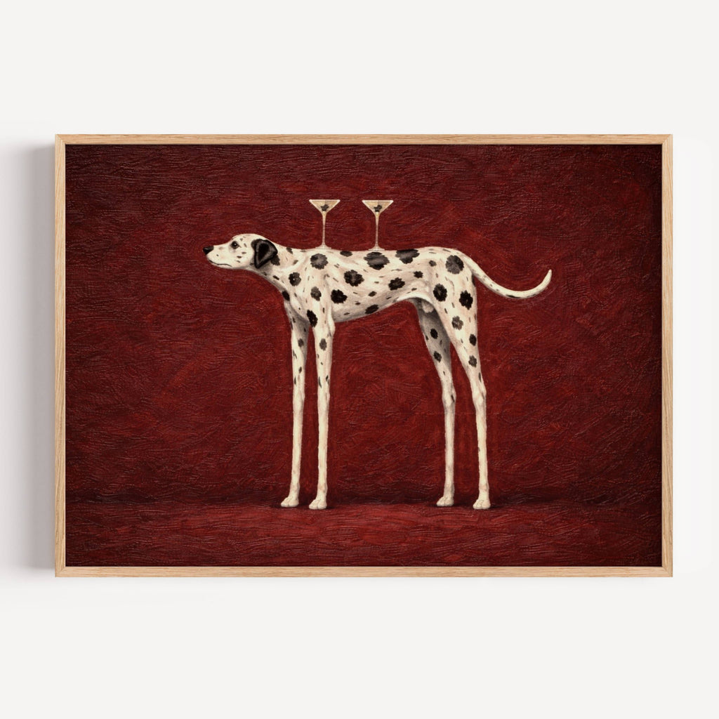 the cocktail dalmatian is a surreal hand painted Minimalist Contemporary whimsical wall art print of a dalmatian dog balancing two martini glasses against a burgundy background, inspired by quiet luxury interiors with expressive painterly texture. Surreal Minimalist Mid century modern dalmatian dog oil painting in cinematic nostalgia composition.