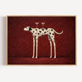 the cocktail dalmatian is a surreal hand painted Minimalist Contemporary whimsical wall art print of a dalmatian dog balancing two martini glasses against a burgundy background, inspired by quiet luxury interiors with expressive painterly texture. Surreal Minimalist Mid century modern dalmatian dog oil painting in cinematic nostalgia composition.