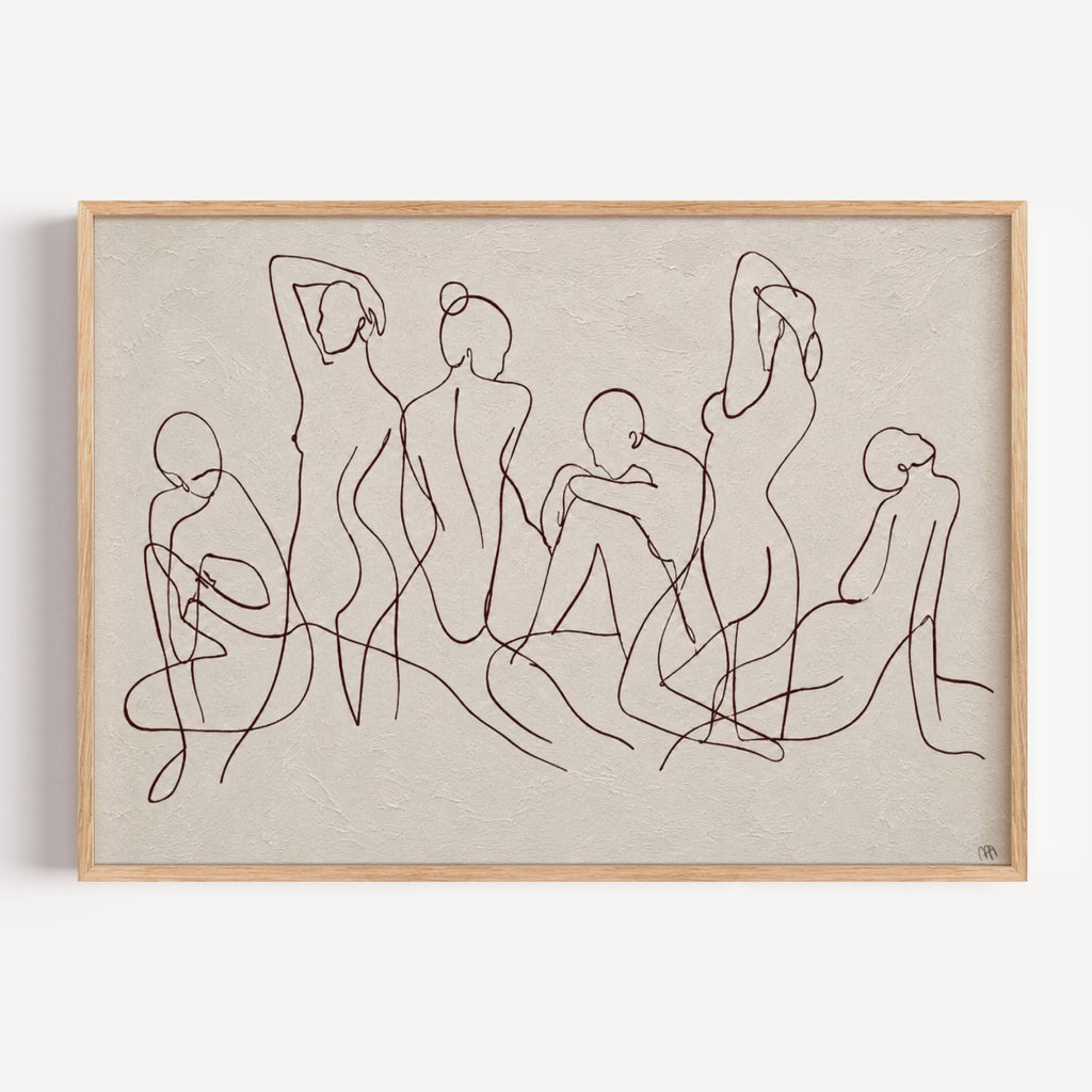 the company we keep is a hand drawn minimalist wall art print with abstract female bodies women figures in a Line Drawing art, on a textured neutral background. Delicate continuous lines intertwine to create a herd in motion, capturing the feeling of effortless elegance, contemporary and timeless, this piece evokes long summers and the beauty of the female body.